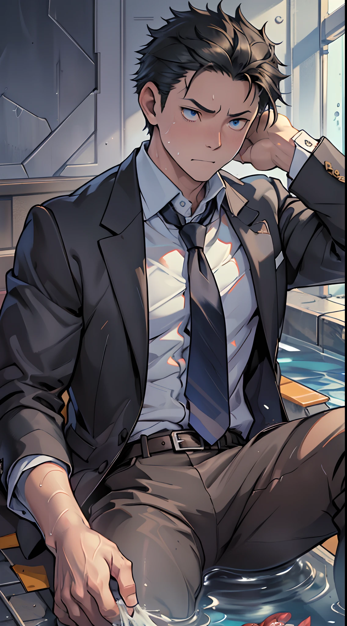 (1 Adult male),A high resolution, Sharp focus, Pixiv masterpiece, ((Complicated details)), highly detailed, natsuki_subaru, 1 man,perfect male figure,Urine on the trouser leg, Nervously bow your head,is shy,embarressed,exhilarated,is shocked,panicking,worry,A pool of urine formed around him,Very eager to pee,Unbearable,Wet yourself,Urine discharge,full bodyesbian,sit astride,Tired,decadent, blue color eyes(eyes glowing), Black hair short hair,Black armor,Tie the belt,Cloaked,trousers,perspire,Drenched,Get wet,pissing,urine flows down the pants,look from down