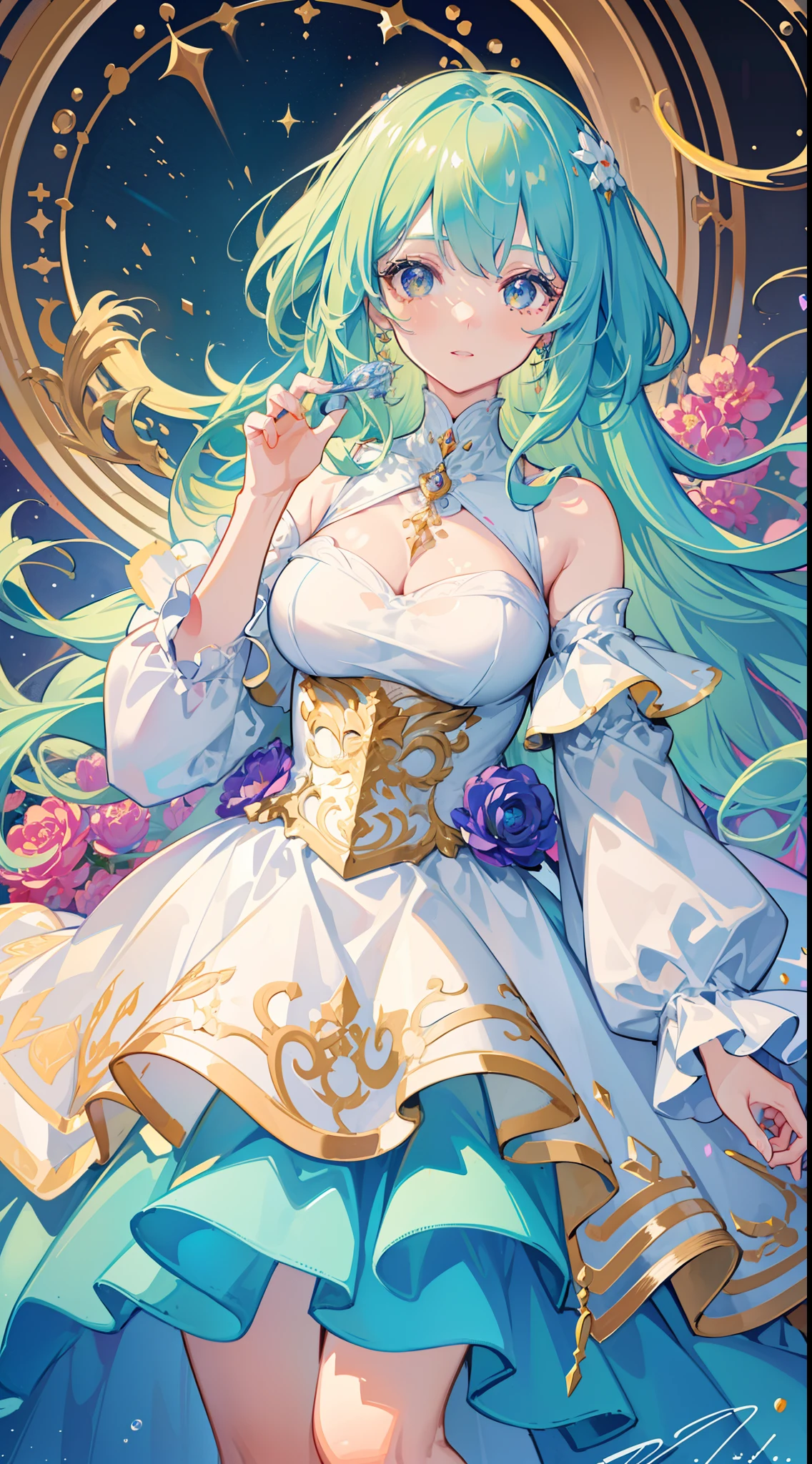 masterpiece, best quality, 8k resolution, sharp focus, intricate detail, beautiful girl, sparkling eyes, golden ratio face, otherworldly liquid, watercolor, cool colors, bright colors, whimsical, colorful, sharp focus, high resolution, fine detail, ((layered tiered puffy long sleeves ballgown)), ((round eyes)), iridescent bubbles, fantasia background