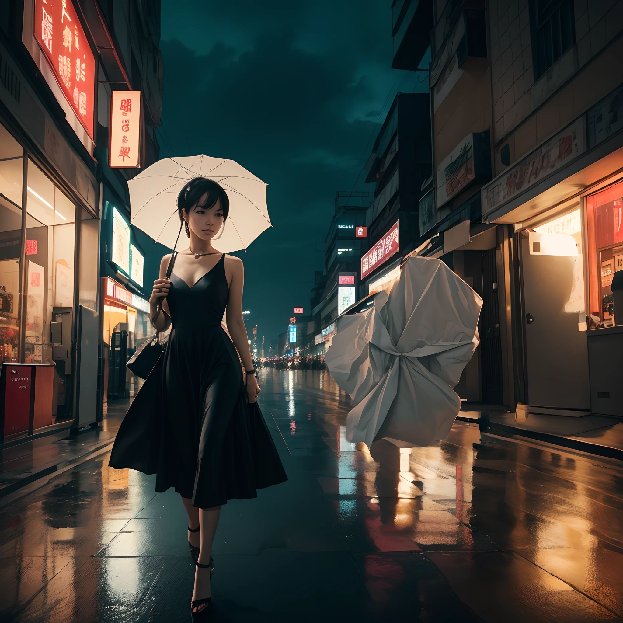 There is a woman walking down a street holding an umbrella - SeaArt AI