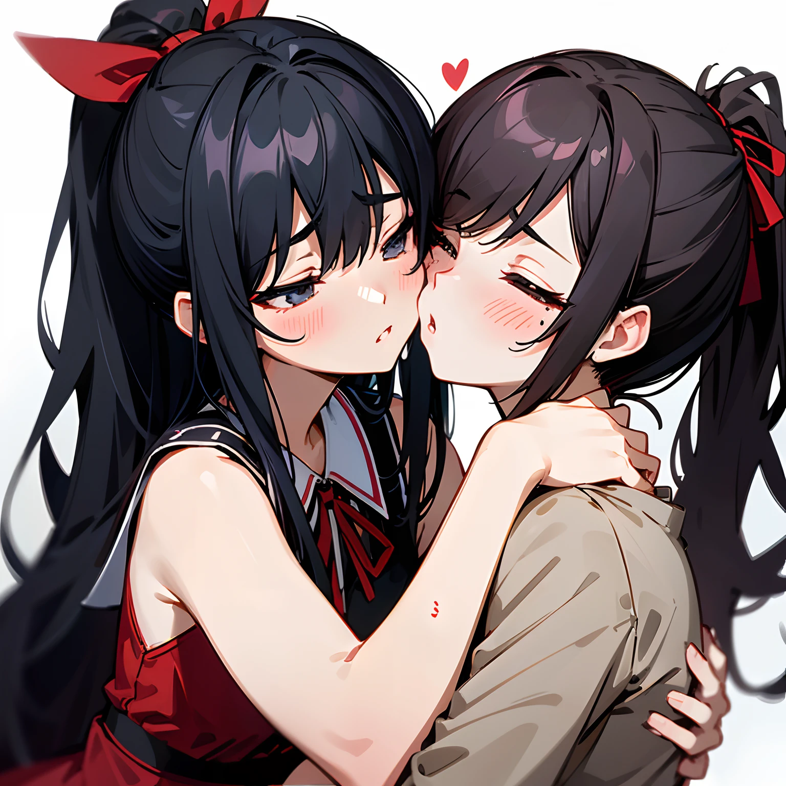 tmasterpiece,hyper qualit, ultra - detailed,Perfect drawing,A high resolution、2People Japanese idol、((She has black hair tied into a ponytail with a red ribbon))、School swim wear、Lovers、Look at each other from the front、((Kiss))、(((French kiss)))、hugging eachother,As if pressed on each other's chests、Staring at each other、Moist eyes、half-open lips、Beautiful、Red blush(0.2)、Functional、seductiv、Trance、instigate、Beauty、bustup、Shunguang、、Shoot diagonally from directly below、precise drawing、Detailed drawing、Precise anatomy、dress room、beatiful background、The 、Vaginal thrust by
