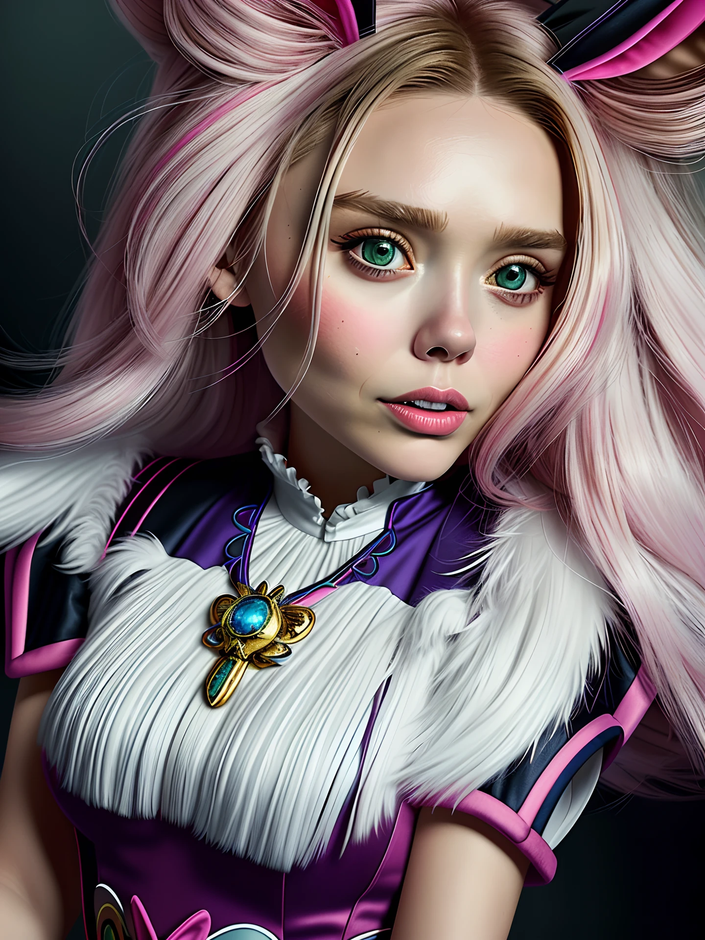 (extremely detailed and high-quality CG illustration, impressive masterpiece-like quality), (bold and vibrant colors with bright highlights for an exciting and eye-catching look), a stunning and seductive women  elizabeth olsen bimbo in a playful bunny dress, striking and provocative, with an irresistible and flirtatious expression.