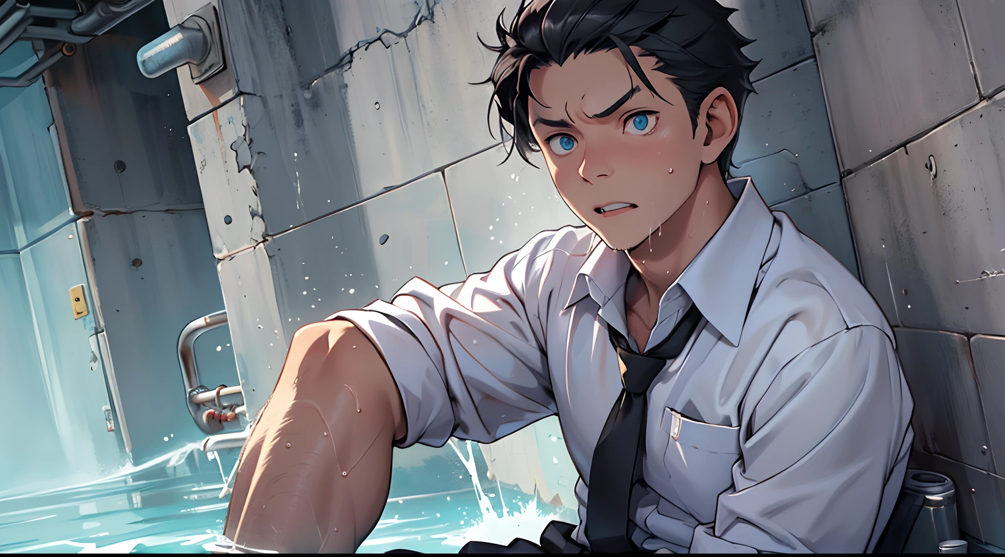 （1 Adult male），A high resolution， Sharp focus， Pixiv masterpiece， （（Complicated details））， highly  detailed， natsuki_subaru， 1 man，perfect male figure，Urine on the trouser leg， Nervously bow your head，is shy，embarressed，exhilarated，is shocked，panicking，worry，A pool of urine formed around him，Very eager to pee，Unbearable，Wet yourself，Urine discharge，full bodyesbian，sit astride，Tired，decadent， blue color eyes（eyes glowing）， Black hair short hair，white  shirt，Wear a tie，Wear a belt，trousers，perspire，Drenched，Get wet，pissing，urine flows down the pants，look from down