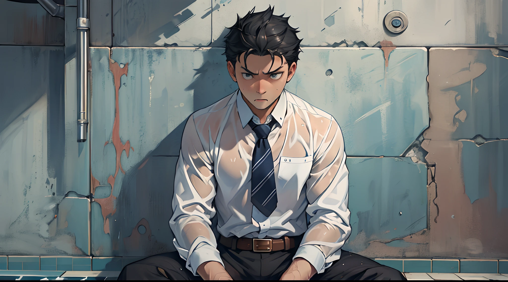 (1 Adult male),A high resolution, Sharp focus, Pixiv masterpiece, ((Complicated details)), highly detailed, natsuki_subaru, 1 man,perfect male figure,Urine on the trouser leg, Nervously bow your head,is shy,embarressed,exhilarated,is shocked,panicking,worry,A pool of urine formed around him,Very eager to pee,Unbearable,Wet yourself,Urine discharge,full bodyesbian,sit astride,Tired,decadent, blue color eyes(eyes glowing), Black hair short hair,white shirt,Wear a tie,Wear a belt,trousers,perspire,Drenched,Get wet,pissing,urine flows down the pants,look from down