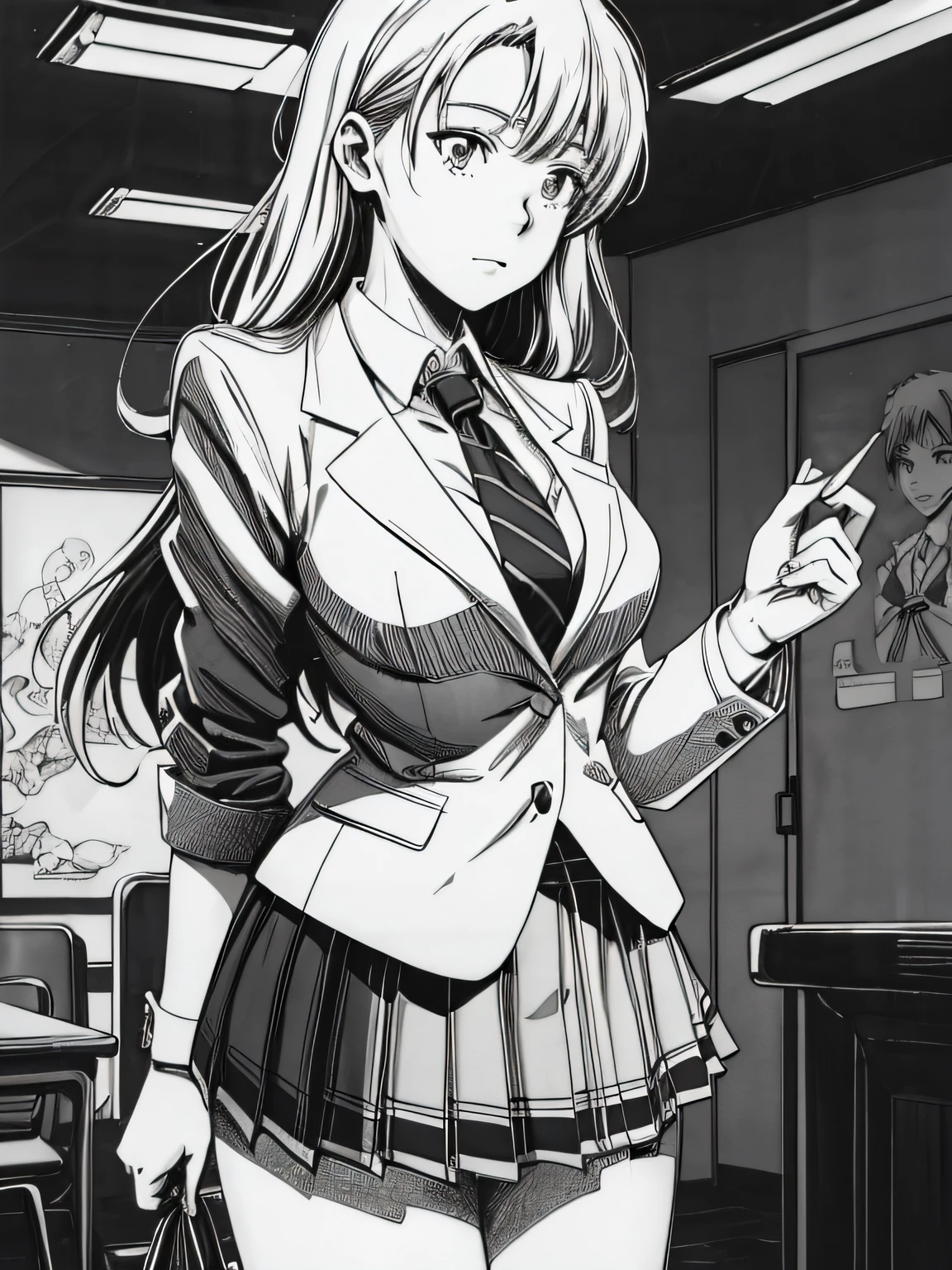 of the highest quality, Best Quality,超A high resolution, hight resolution, (masutepiece), (Comic style illustration), (linear art_Anime),(black-and-white),(monotone_highcontrast),hi-school girl,high-school uniform、neck tie、blazers、skirt by the,Inside the school_the complex background,(lora:Add More Detail:1.2)