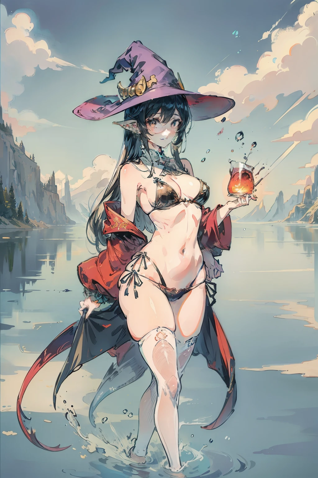 Bright colors,Magic background,loong background,water background,the sky background,1girll,Witch Hat has dragon horns on it,A bodysuit made of stockings,Jumpsuits,Intimate dress,Tightly wrapped,sexy bra,Pantyhose wrap around the hips,sexy underwear,Dress conservatively,Wrap your whole body in clothing,Not exposed,Dragon tail,mistic,abstact,lady,Smiling,inquisitive,ultimate pretty legs,sexy pose