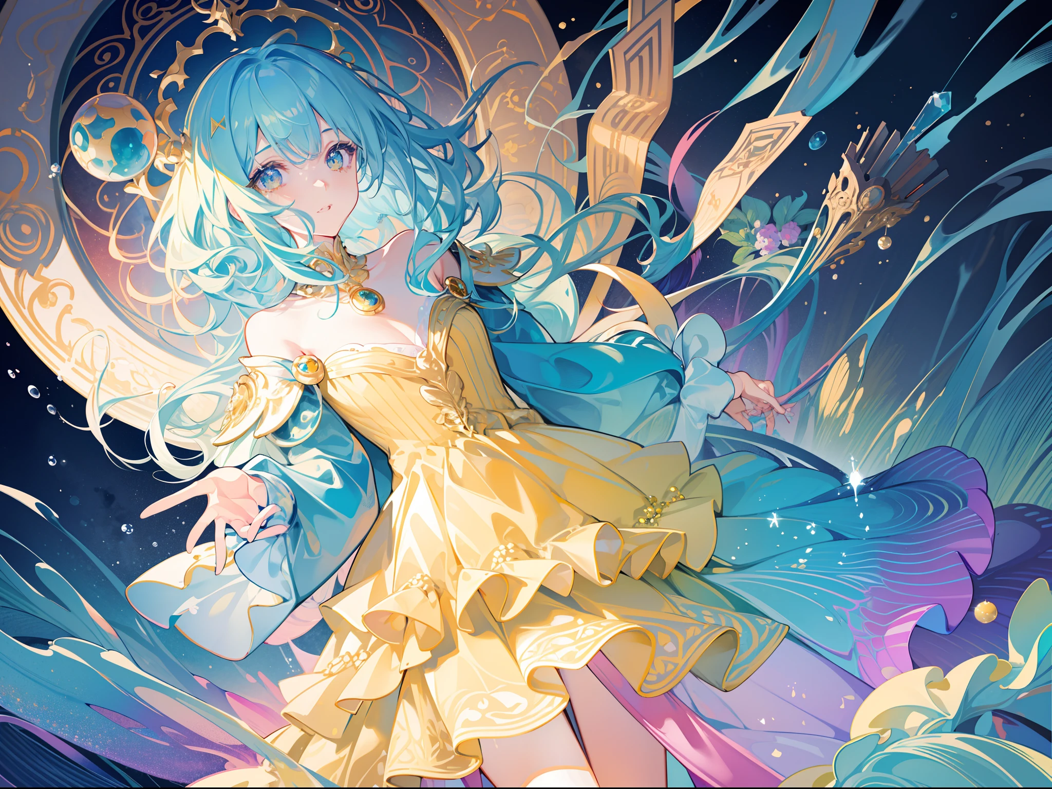masterpiece, best quality, 8k resolution, sharp focus, intricate detail, beautiful girl, sparkling eyes, golden ratio face, otherworldly liquid, watercolor, cool colors, bright colors, whimsical, colorful, sharp focus, high resolution, fine detail, ((layered tiered puffy long sleeves ballgown)), ((round eyes)), iridescent bubbles, fantasia background