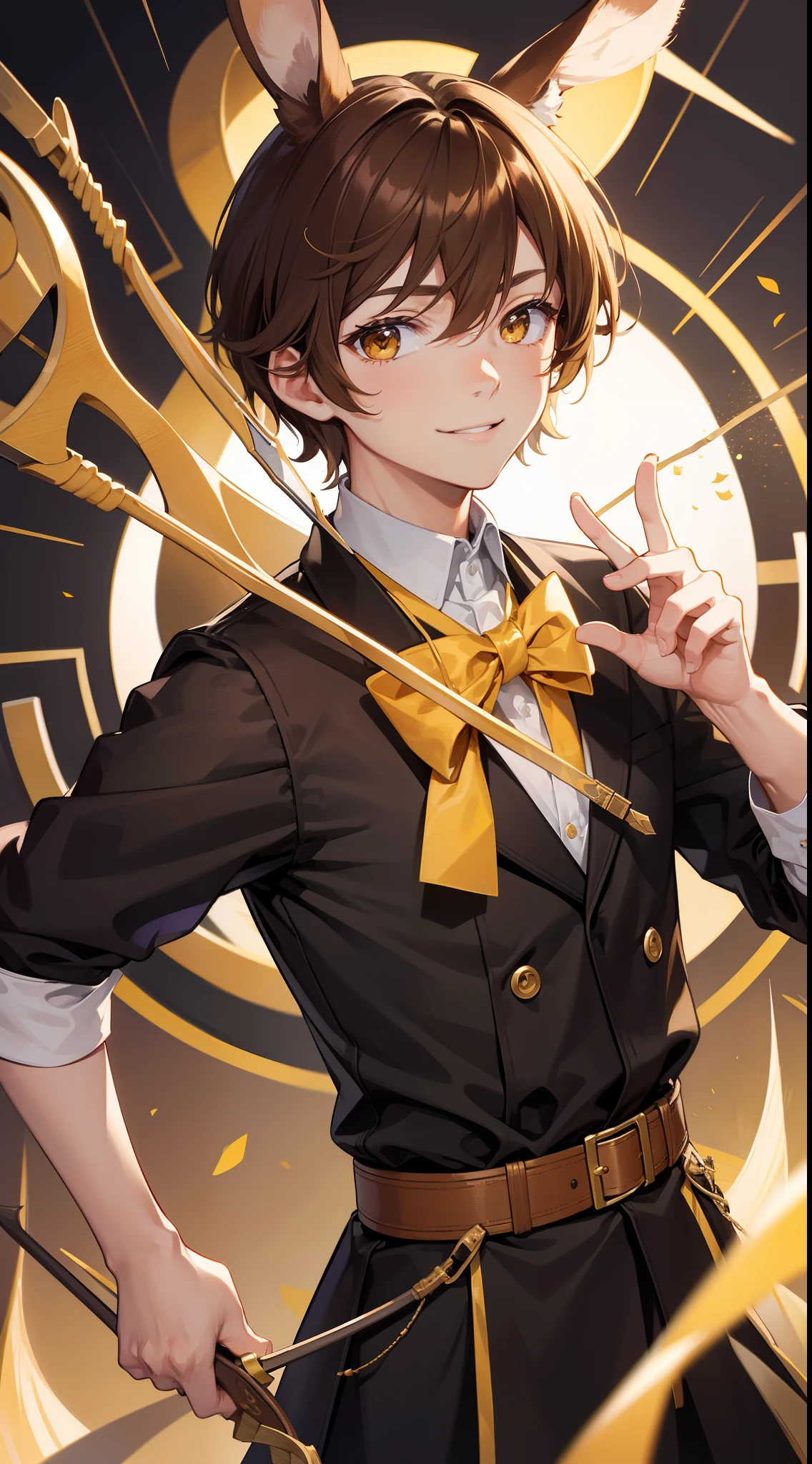 Young guy, Brown hair with blonde strands, Yellow eyes, brown rabbit ears, Smile, Bow and arrow, Masterpiece, hiquality