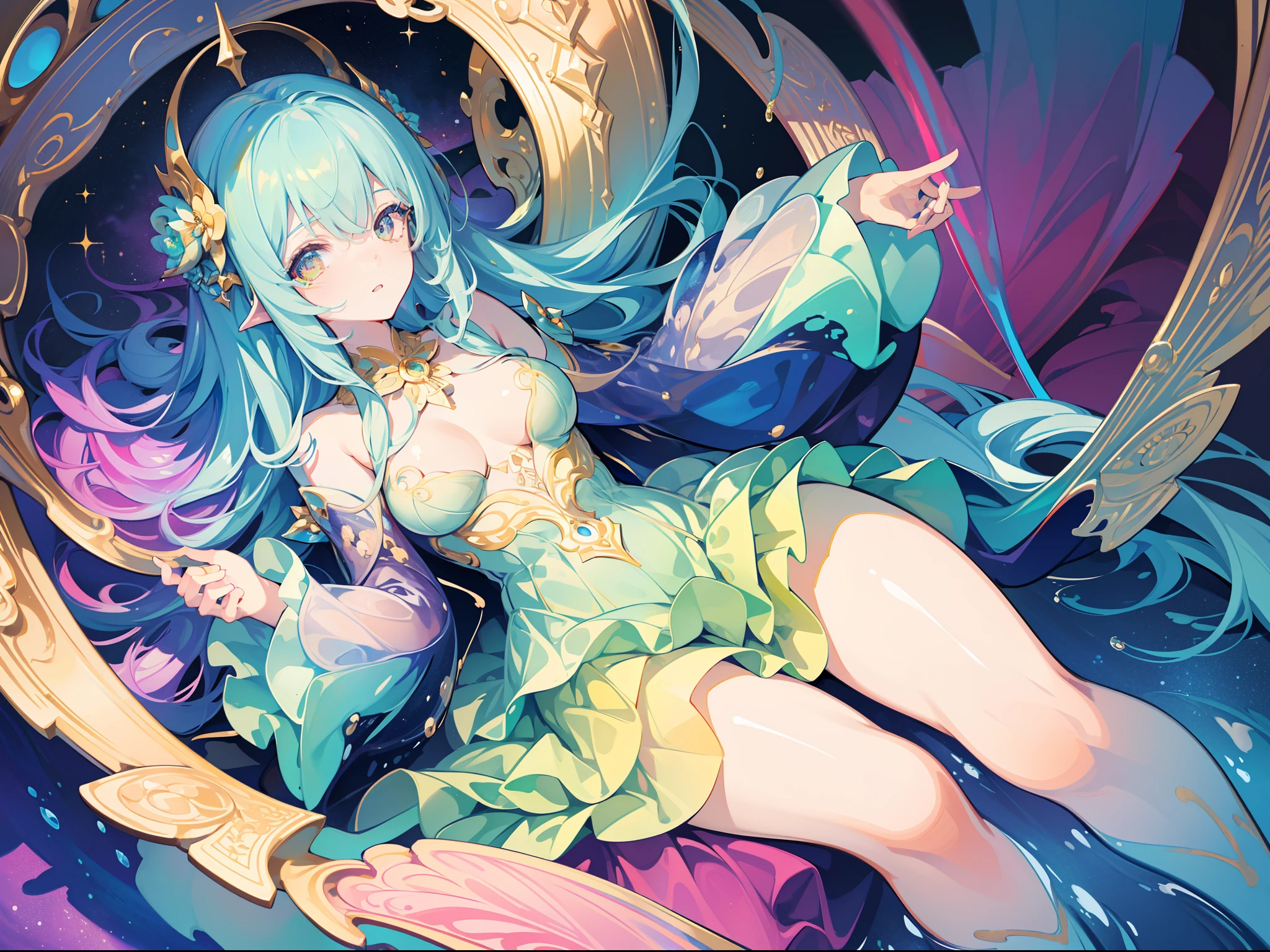 masterpiece, best quality, 8k resolution, sharp focus, intricate detail, beautiful girl, sparkling eyes, golden ratio face, otherworldly liquid, watercolor, cool colors, bright colors, whimsical, colorful, sharp focus, high resolution, fine detail, ((layered tiered puffy long sleeves ballgown)), ((round eyes)), iridescent bubbles, fantasia background