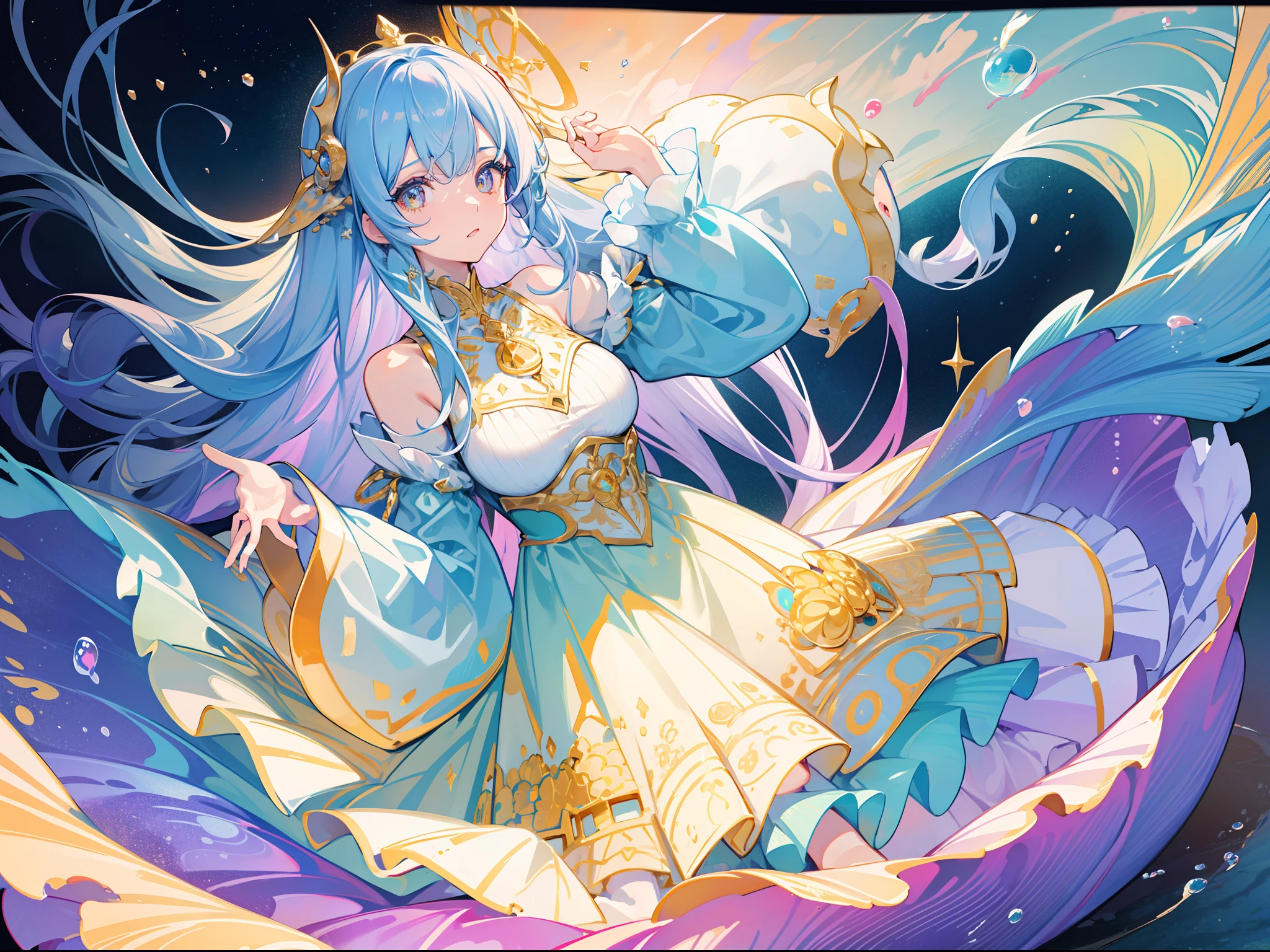 masterpiece, best quality, 8k resolution, sharp focus, intricate detail, beautiful girl, sparkling eyes, golden ratio face, otherworldly liquid, watercolor, cool colors, bright colors, whimsical, colorful, sharp focus, high resolution, fine detail, ((layered tiered puffy long sleeves ballgown)), ((round eyes)), iridescent bubbles, fantasia background