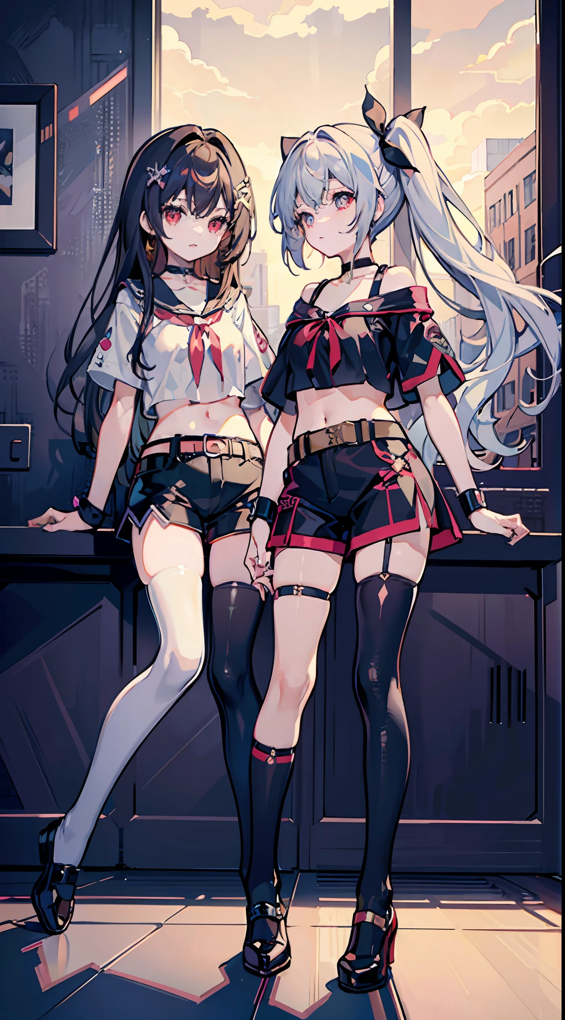 ,twins, Masterpiece,Best quality,offcial art,Extremely detailed Cg Unity 8K wallpaper, 2girls, cute female child, Yuri, hair adornments, Short shorts, Crop top, ribbon_choker necklace, leg belt,
