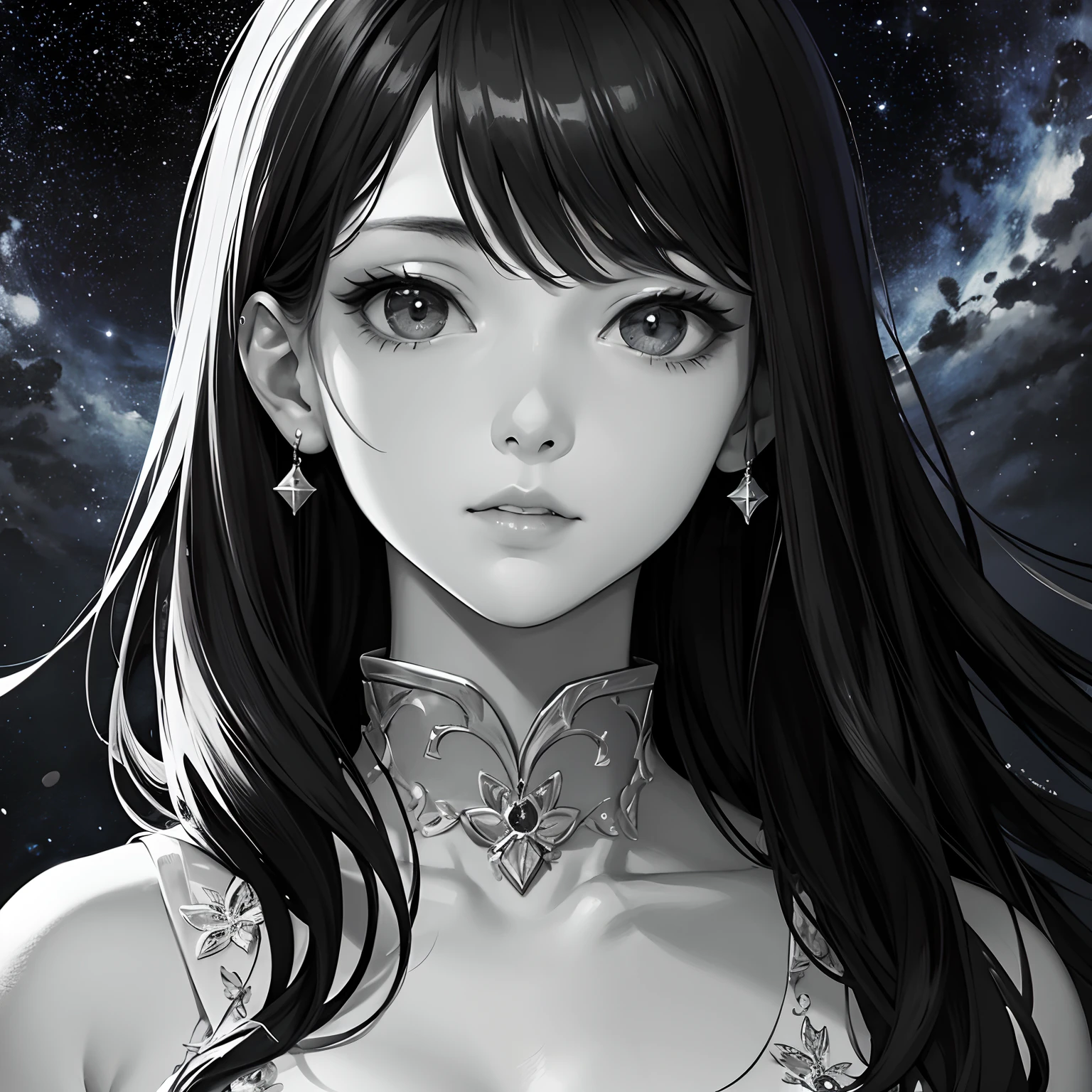 masterpiece、top-quality、hight resolution、High-quality images、8K、1womanl、the detail、Detailed eye depiction、skin gloss、Monochrome grayscale、Lisa、portlate、Starry Night