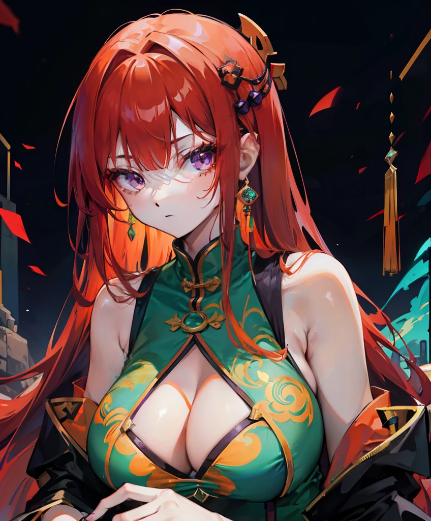 Long dark orange hair，With a faint purple glow，Wear a cheongsam with a transparent emerald orange pattern，The head is decorated with turquoise golden yellow，She is a queen-type girl，There is a strong sense of oppression and contempt