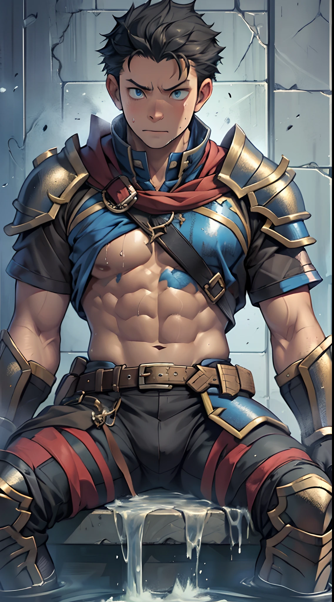 （1 Adult male），A high resolution， Sharp focus， Pixiv masterpiece， （（Complicated details））， highly  detailed， natsuki_subaru， 1 man，Wearing armor，perfect male figure，Urine on the trouser leg， Nervously bow your head，is shy，embarressed，exhilarated，is shocked，panicking，worry，A pool of urine formed around him，Very eager to pee，Unbearable，Wet yourself，Urine discharge，full bodyesbian，sit astride，Tired，decadent， blue color eyes（eyes glowing）， Black hair short hair，Black armor，Tie a belt，Cloaked，Cloak，Shoulder armor，perspire，Drenched，Get wet，pissing，urine flows down the pants，look from down