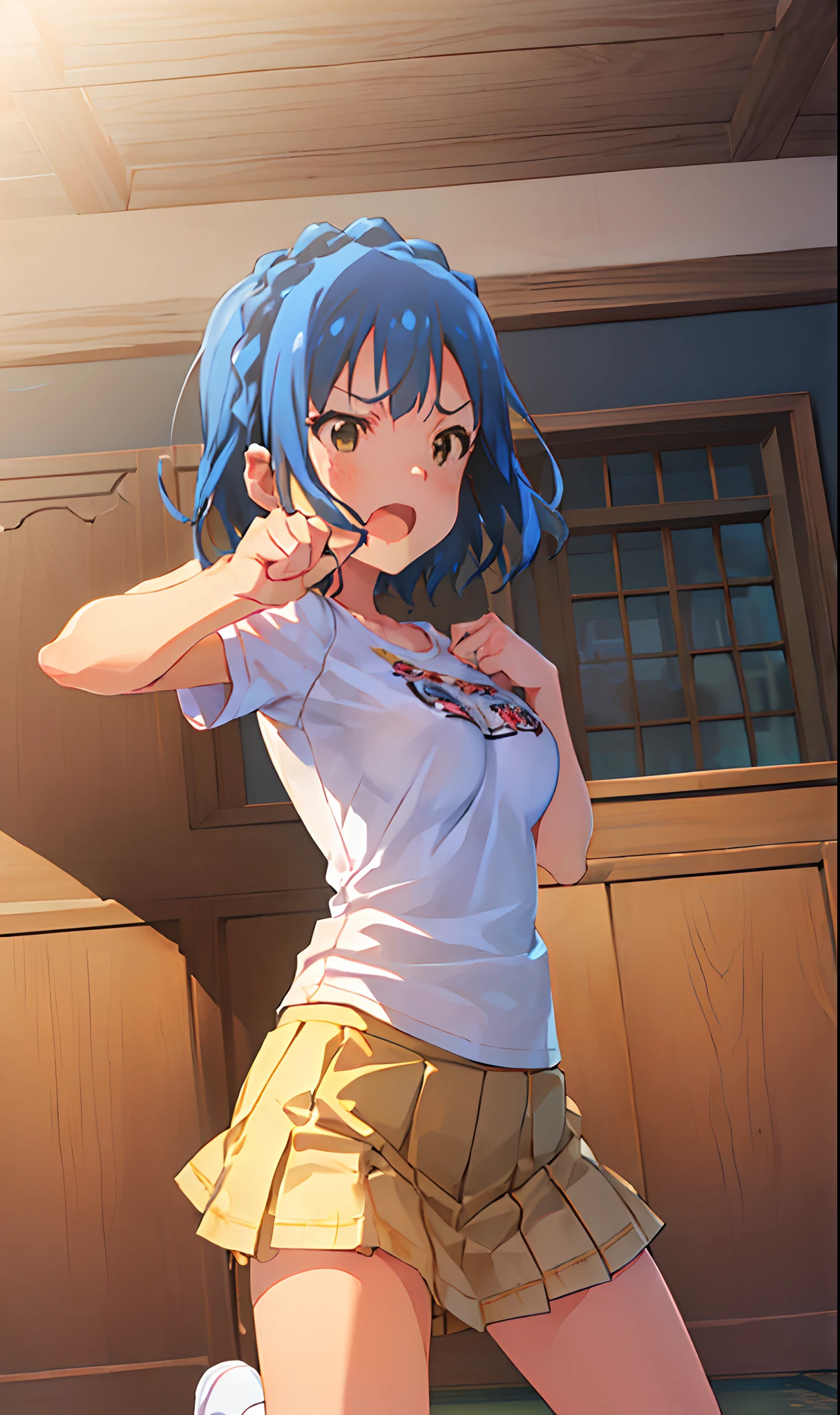 yuriko nanao (million live). Short stature. (((white t-shirts))).(((Skirt))).(((masterpiece))).(((best quality))).((Ultra-detailed))).(((illustratio))). (((fighting stance))).(((a room))).(((Clench your fists))).(((up chest))).Despair face.(((short-hair))).((big breasts)).((Opening Mouth)).