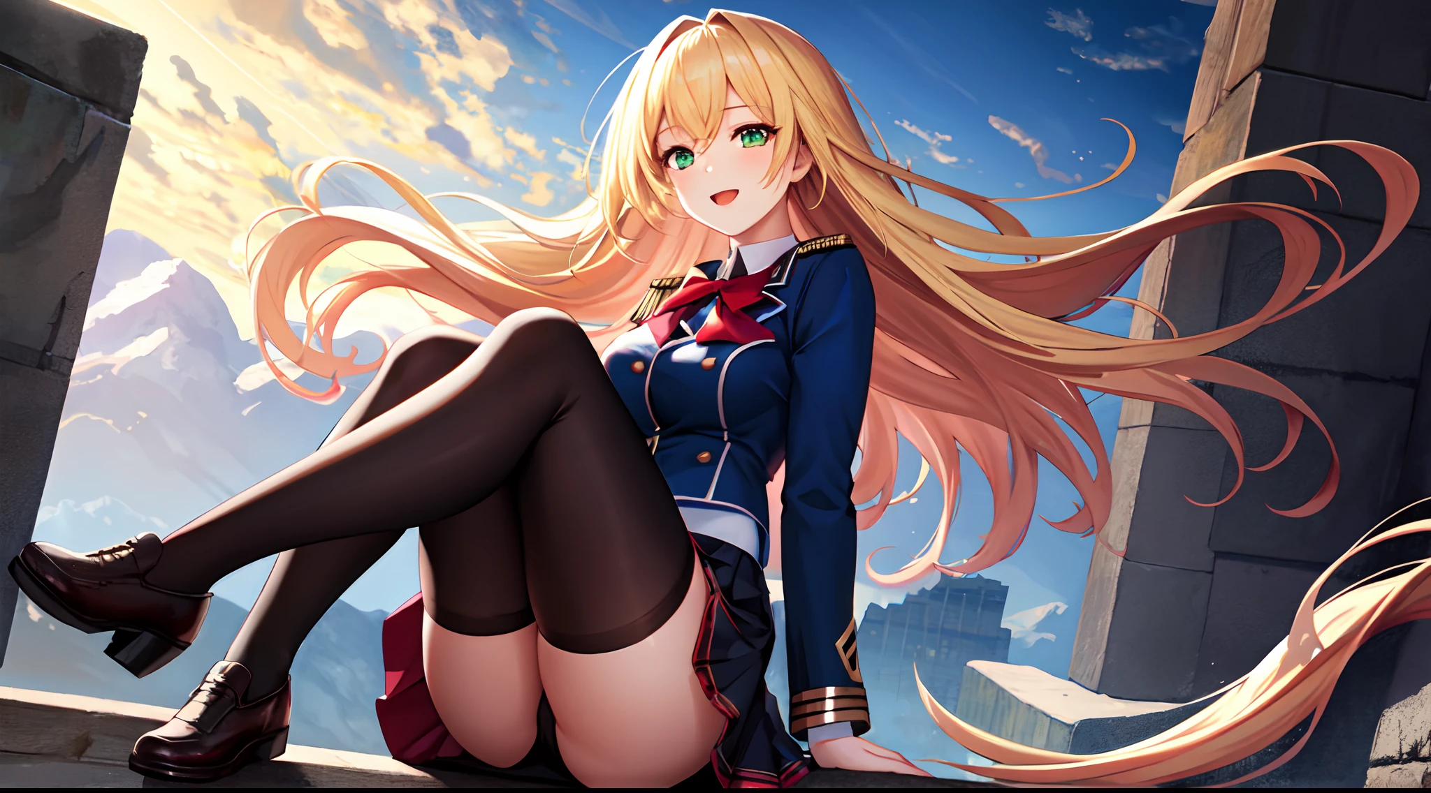 masterpiece, best quality, high detailed, highres, 16k, uhd, 1girl, happy, floating hair, expressive hair, long hair, blonde hair, green eyes, beautiful detailed eyes, thighhighs, schoolar uniform,