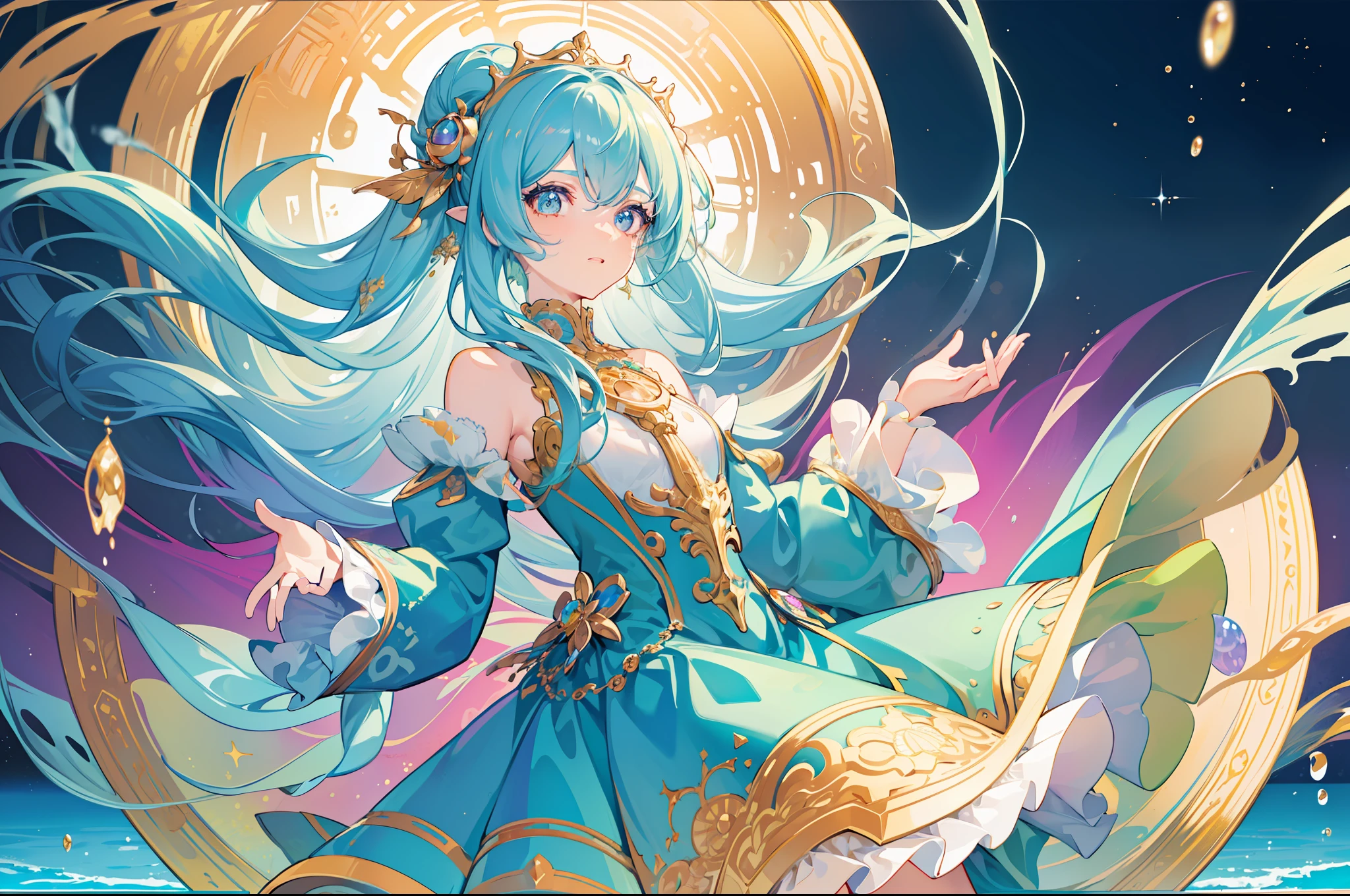 masterpiece, best quality, 8k resolution, sharp focus, intricate detail, beautiful girl, sparkling eyes, golden ratio face, otherworldly liquid, watercolor, cool colors, bright colors, whimsical, colorful, sharp focus, high resolution, fine detail, ((layered tiered puffy long sleeves ballgown)), ((round eyes)), iridescent bubbles, fantasia background