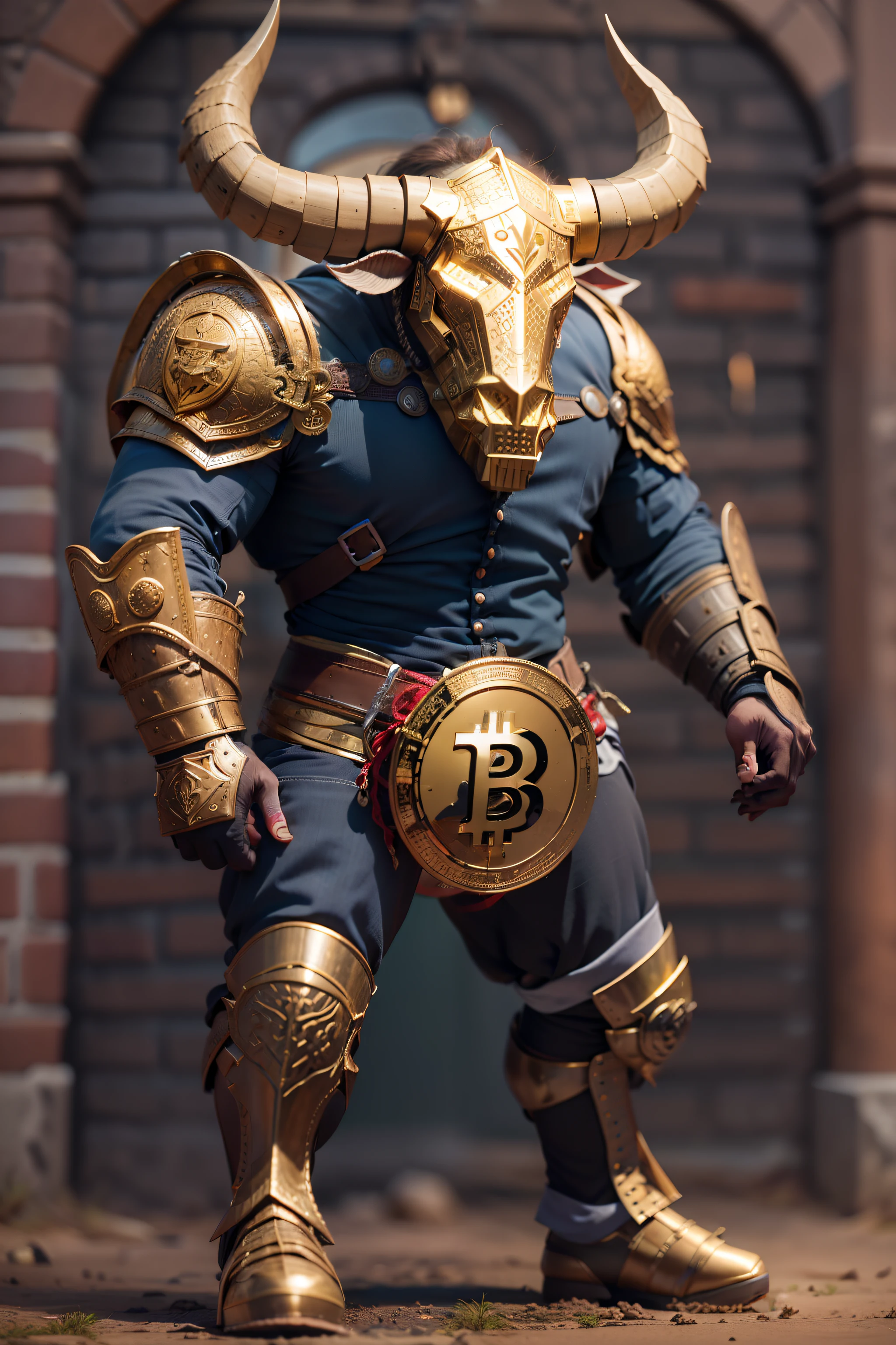 ( Detailed description ) ( melhor qualidade ) Man with bull's head, com armadura dourada, usando uma medalha dourada em formato de bitcoin