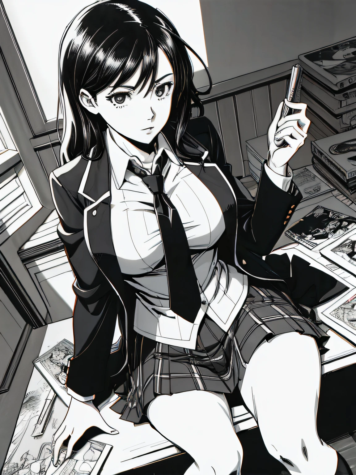 of the highest quality, Best Quality,超A high resolution, hight resolution, (masutepiece), (Comic noir style illustration), (linear art_Anime),(black-and-white:1.0),(monotone_highcontrast),hi-school girl,high-school uniform、neck tie、blazers、skirt by the,Inside the school_the complex background,,(lora Add More Detail:1.2)