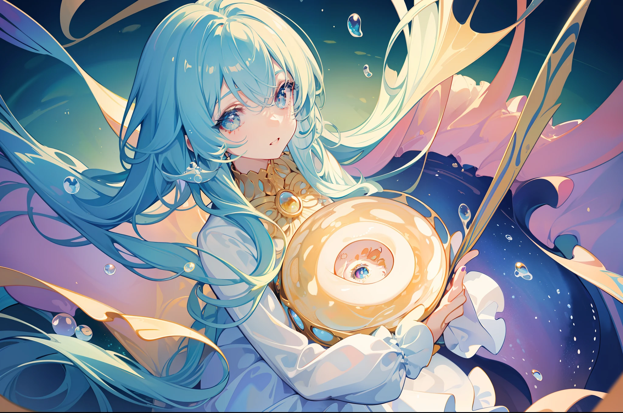 masterpiece, best quality, 8k resolution, sharp focus, intricate detail, beautiful girl, sparkling eyes, golden ratio face, otherworldly liquid, watercolor, cool colors, bright colors, whimsical, colorful, sharp focus, high resolution, fine detail, ((layered tiered puffy long sleeves ballgown)), ((round eyes)), iridescent bubbles, fantasia background