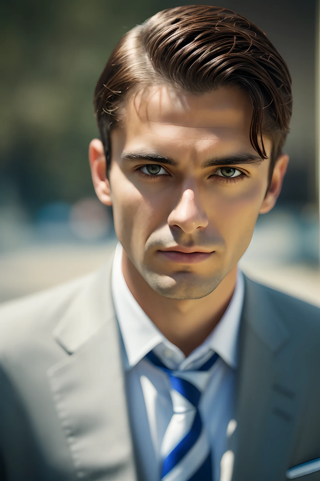 A man who has been standing in a suit and tie for 30 years，body and head straight in the photo，Close-up of the head，DSRL，facing the viewer of the photo，The eyes are fixed on the lens，appears shoulders and head in the photo，The man is centered in the photo，8k，best qualtiy，tmasterpiece，realisticlying，photograph of-realistic，film photo，Ultra photo realsisim，1 persons，A detailed， perfect litthing， DSRL，profesional photo，4k --auto --s2