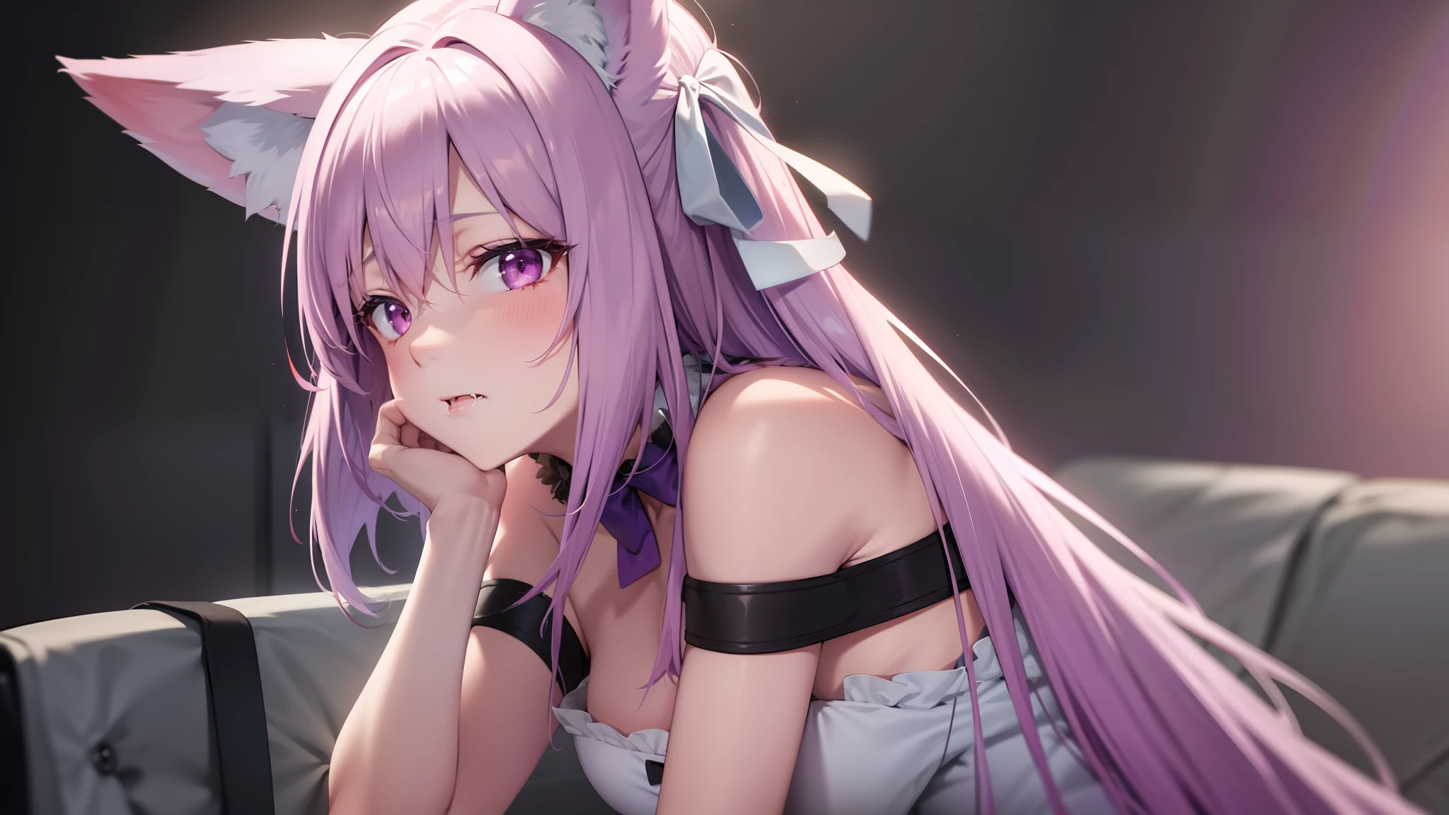 Light purple hair, hair over shoulder, hair ribbon, fox ears, mouth hold, drooling, Romanticism, cinematic lighting, ray tracing, UHD, ccurate, anatomically correct, textured skin, high details, highres, best quality, super detail