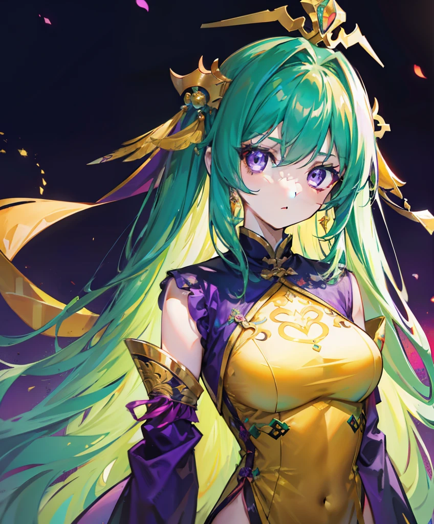 Long hair with a hint of purple glow,Wear a transparent emerald orange pattern cheongsam,The chest is large and full,The head is decorated with turquoise golden yellow,She is a queen-type girl,The sense of oppression and contempt is strong