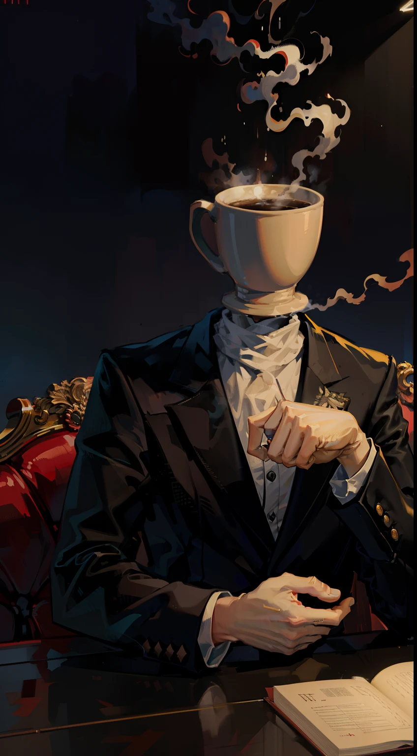 1man, masterpiece, gorgeous,strange head, coffe head,cup head, china, coffe cup, couch, gun, pistol, smoke, formal clothes,suit, white shirt, high details, gorgeous, 4k, BREAK close up, no humans, cinematic, dramatic,contrast, detailed backgeound, sitting, night,fog, wallpaper, misteryous, digital art, artistic