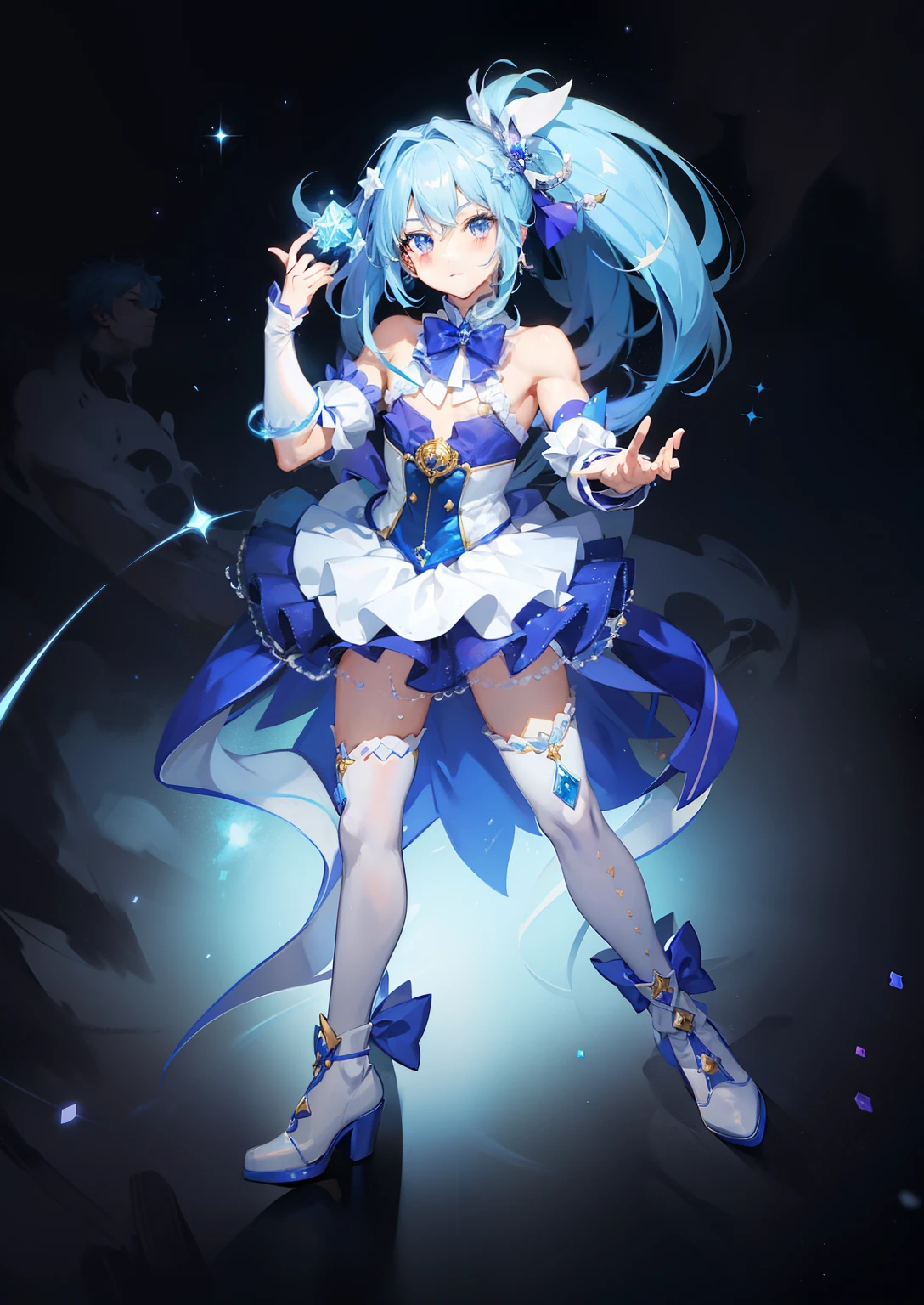 white bow, Anime boy in blue costume, Boy with purple sidetail, Sparkling Magical Boy, !!Full body portrait!!, Portrait of a magical boy, Magical Boy Style, beautiful celestial mage, marin kitagawa fanart, celestial aura, Ice Crystal Armor, Muscular men, Prince in anime, blue aura, Official Character Art, Cool anime boy in a nice dress, Magical Boy, royal elegant pose