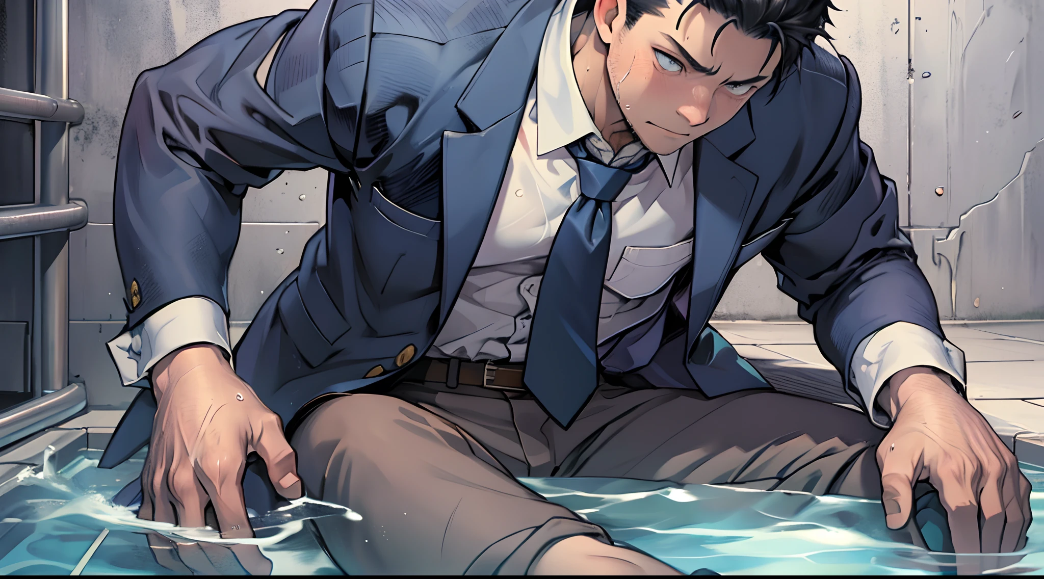 (1 Adult male),A high resolution, Sharp focus, Pixiv masterpiece, ((Complicated details)), highly detailed, natsuki_subaru, 1 man,perfect male figure,Urine on the trouser leg, Nervously bow your head,is shy,embarressed,exhilarated,is shocked,panicking,worry,A pool of urine formed around him,Very eager to pee,Unbearable,Wet yourself,Urine discharge,full bodyesbian,sit astride,Tired,decadent, blue color eyes(eyes glowing), Black hair short hair,white shirt,Wear a tie,Wear a belt,trousers,perspire,Drenched,Get wet,pissing,urine flows down the pants,look from down