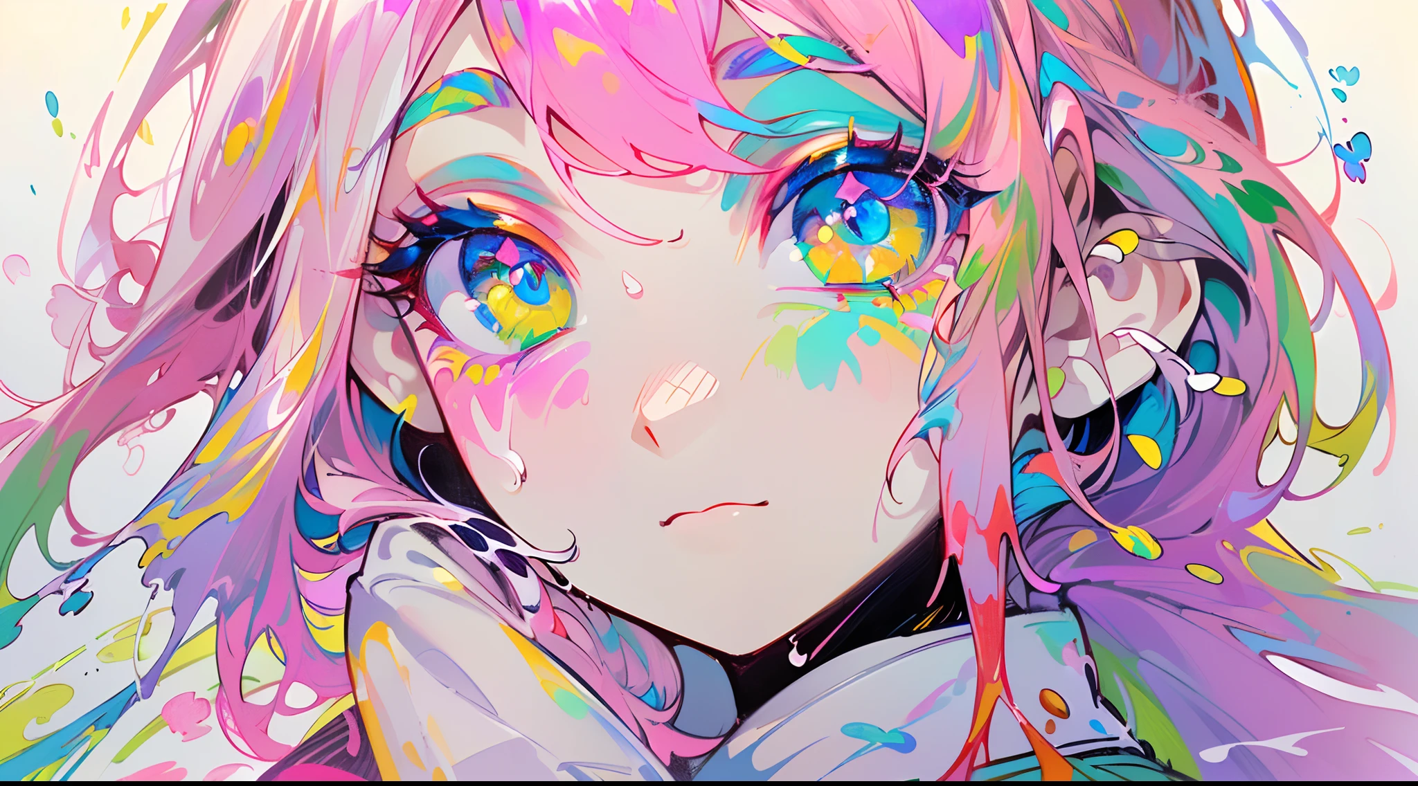 (Pink Fashion T-shirt:1.9),(Colorful hair: 1.8), (all the colours of the rainbow: 1.8),(((((vertical painting:1.6))), (painting:1.6),front, comics, illustrations, paintings, large eyes, crystal clear eyes,( rainbow color gradient high ponytail:1.7), exquisite makeup, closed mouth,(Small Fresh: 1.5),(Wipe Chest: 1.6) ,long eyelashes, white off shoulder T-shirt, White Shoulder Shirt,looking at the audience, large watery eyes, (rainbow colored hair:1.6), color splash, (solo:1.8), color splash, color explosion, thick paint style, messy lines, ((shining)),(colorful), (colorful), (colorful), colorful, Thick Paint Style, (Splash) (Color Splash), Vertical Painting, Upper Body, Paint Splash, Acrylic Pigment, Gradient, Paint, Highest Image Quality, Highest Quality, Masterpiece, Solo, Depth of Field, Face Paint, colorful clothes, (Elegant: 1.2), gorgeous,long hair, wind, (Elegant: 1.3), (Petals: 1.4),(((masterpiece))),(((best quality))),((ultra-detailed)),(illustration),(dynamic angle),((floating)),(paint),((disheveled hair)),(solo),(1girl) , (((detailed anima face))),((beautiful detailed face)),collar,bare shoulders,white hair, ((colorful hair)),((streaked hair)),beautiful detailed eyes,(Gradient color eyes),(((colorful eyes))),(((colorful background))),(((high saturation))),(((surrounded by colorful splashes))),