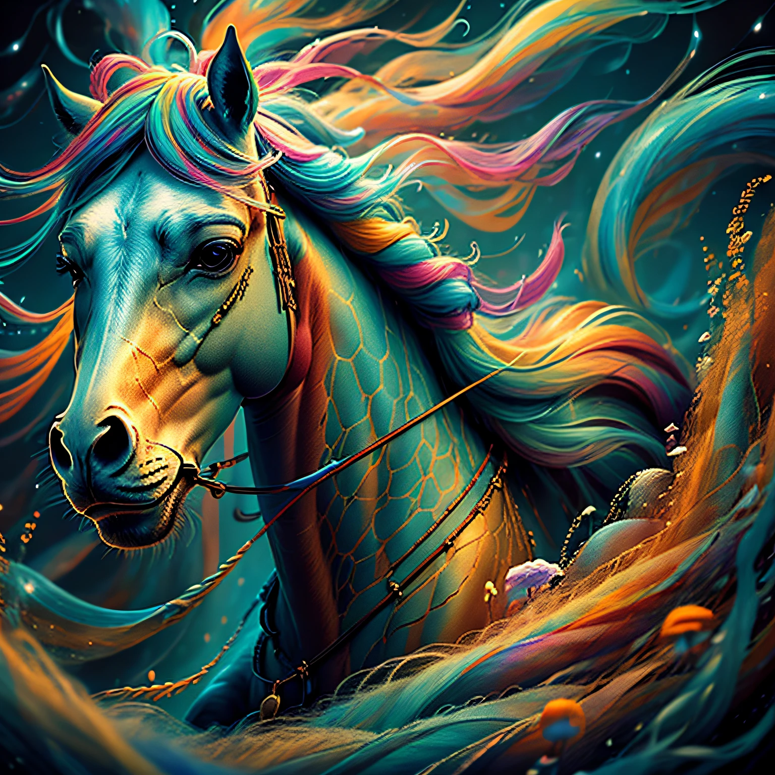 a painting of a colorful horse on a black background, breathtaking rendering, within a radiant connection, inspired by Kinuko Y. Craft,, magical elements, wow, is beautiful, casting a multi colorful spell, bright flash, flash