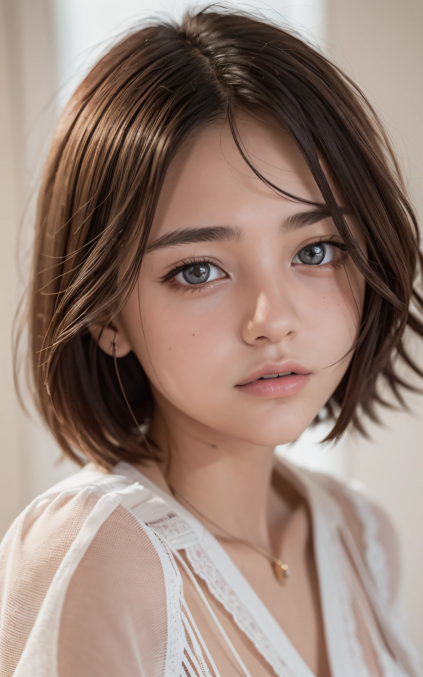 (top-quality, masterpiece:1.2), white 18 year old beautiful girl, very cute, blouse, f 1.8, Soft light, Raw Photos Real, Skin texture is very detailed, without makeup, mournful, mournful, short hair, depth of field, highres, ultra-detailed, finely detail, extremely detailed, extremely detailed eyes and face, sharp pupils, realistic pupils, sharp focus, ccinematic lighting