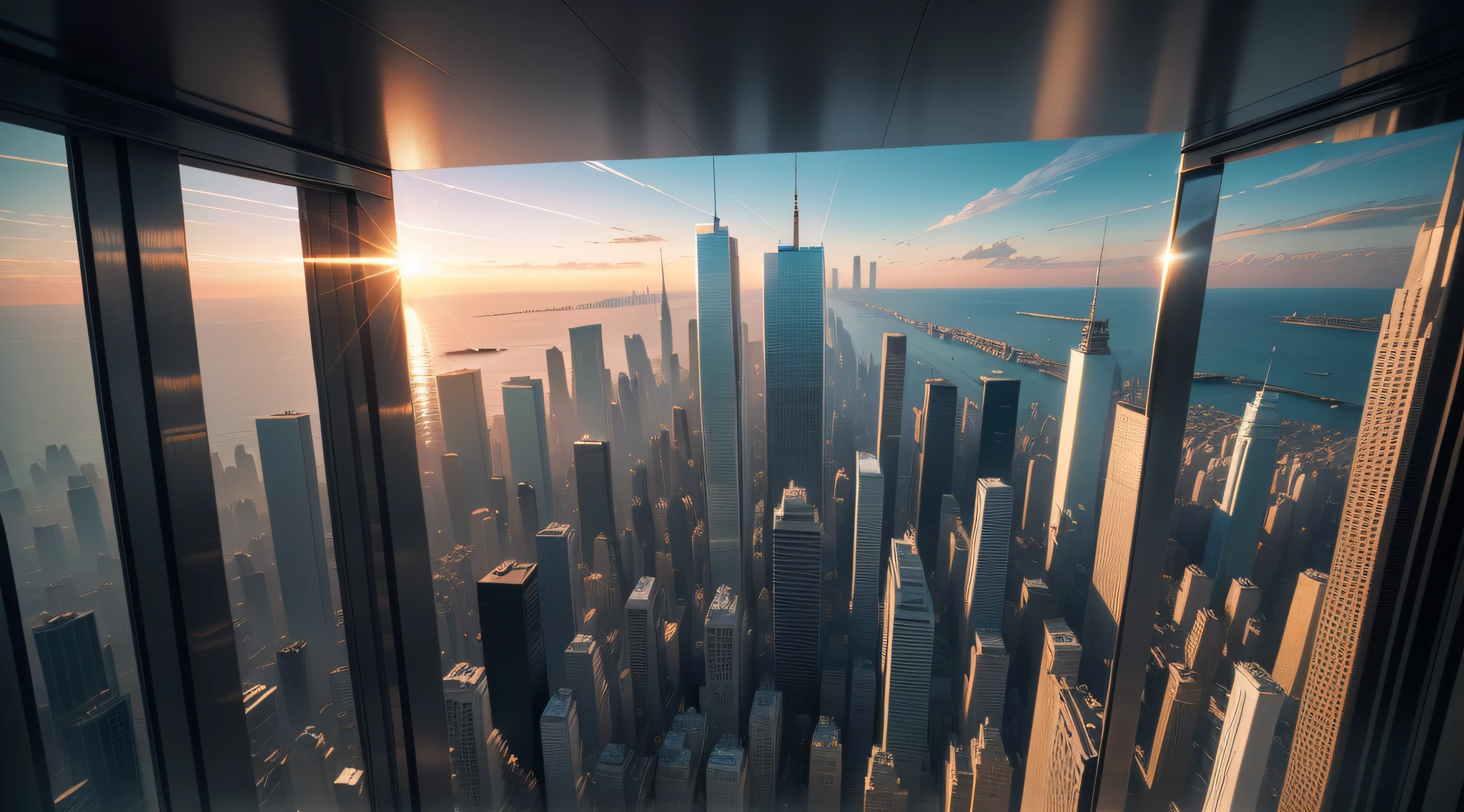 imagem, Wall Street, Nova York, obra-prima, constructions, ((cinematic lighthing)), color gradient, realismo, detalhes intricados, 8k, textura, vento forte, Cinematic side light, dia ensolarado, (nitidez), (realismo), (bottom-up view)