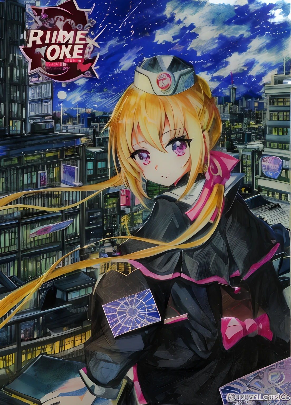 Anime manga of a girl with blonde hair and a hat, heroine japan vivid landscape, Anime style artwork, An anime cover, Vivid!!, alchemist girl, Black Magician Girl, marisa kirisame, anime style cityscape, in a cybercity, intricate anime girl k-on kyoani, comic cover, inspired by Kawabata Ryūshi, comic cover art