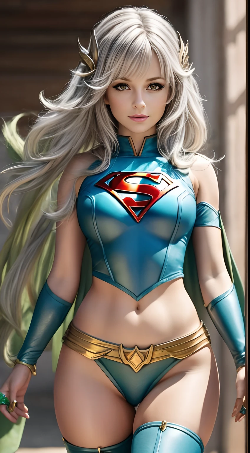 4k, realista, carismatic, muito detalhado, There's a girl in heaven, vestindo fantasia transparente de super garota, she's super girl, superhero theme, cabelo comprido branco, 25 anos, corpo inteiro, cabelo branco, cabelo verde, orelha de elfo, cameltoe