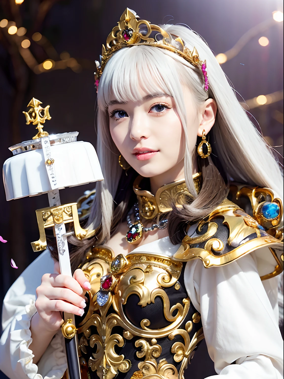 (masutepiece), Professional , masterpiece、top-quality、photos realistic , depth of fields (Gemstone Silver Metal Body:1.9),(Matte White、Jewel Gold Weapon(Jewel Metal Body:1.4),Gorgeous metal weapons , Detailed Sword of the Brave , Beautiful knife ,warhammer 40k , adepta sororitas,Detail and ornate jewel crown、Black hair、Gangle's forest background、Beautiful Caucasian beauty、1a person、dynamic ungle,(((Detailed and ornate diamond crown)))、Smaller head、A smile、Take a sexy pose、Background inside the castle、Thin and beautiful female hands、