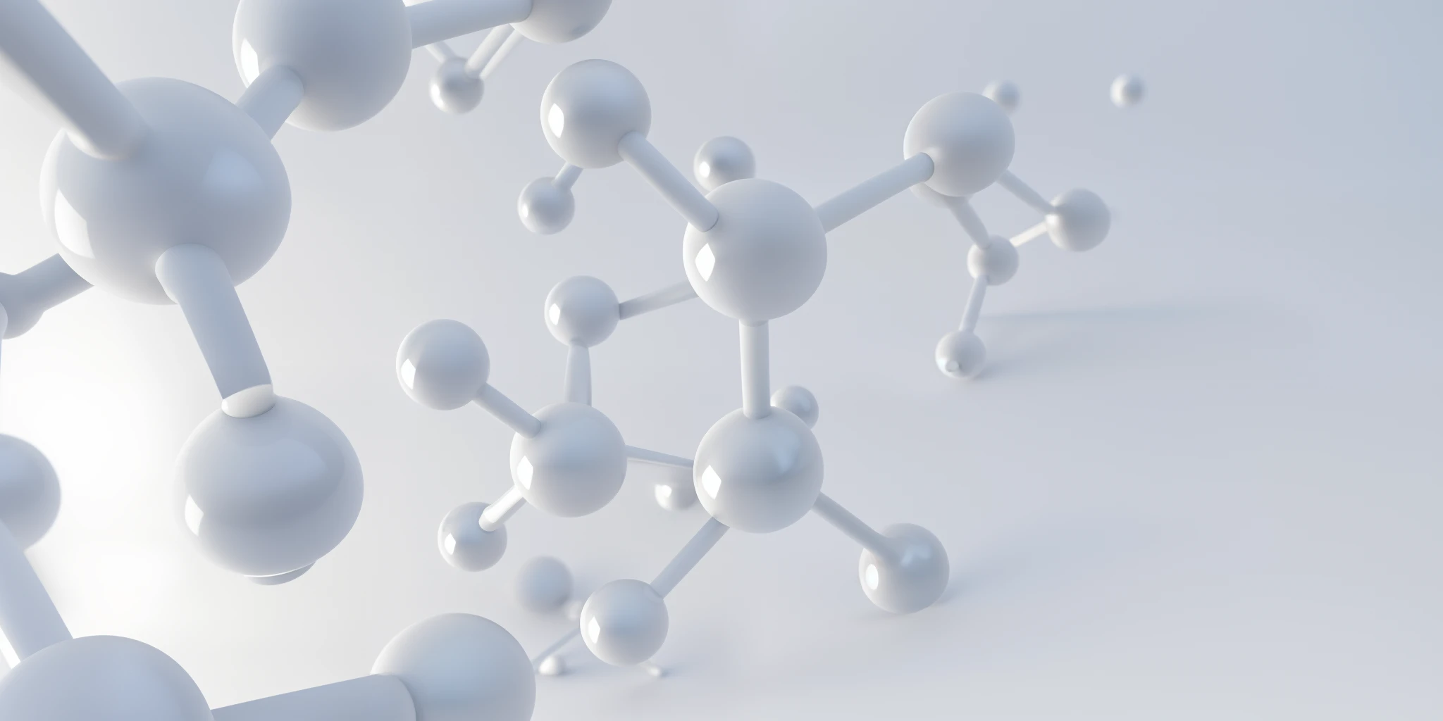 Photo white molecule or atom, abstract clean structure for science or medical background， ctane 3 d rendered, clean white lab background,