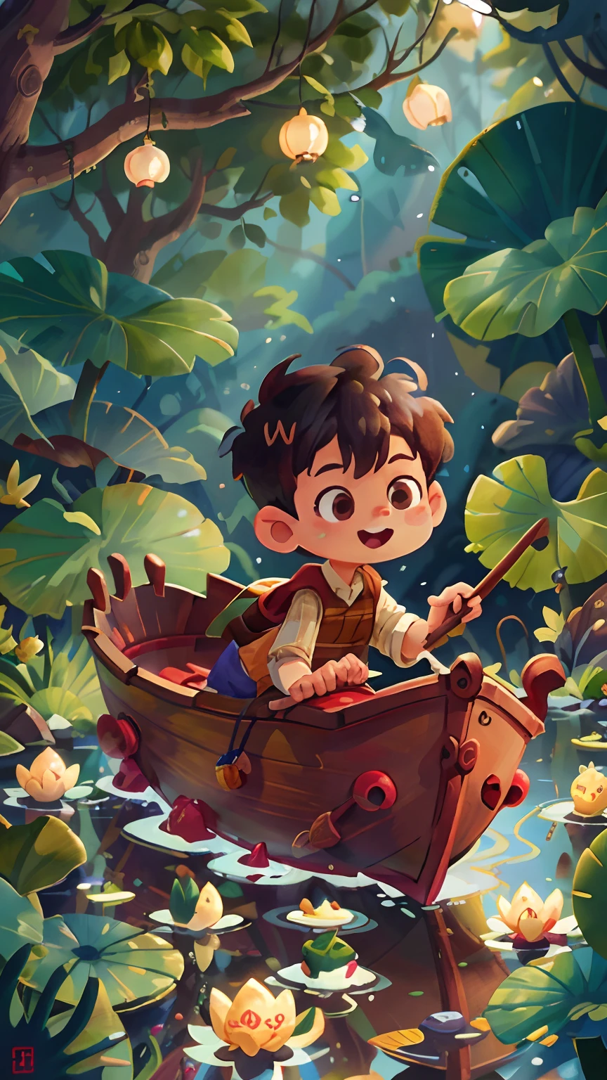 A boy, by the river, lotus leaf decorated wooden boat, decorated with Chinese dragon, happy, happy, perfect quality, clear focus (clutter - home: 0.8), (masterpiece: 1.2) (Realistic: 1.2) (Bokeh) (Best quality) (Detailed skin: 1.3) (Intricate details) (8K) (Detail eyes) (Sharp focus), (Happy)