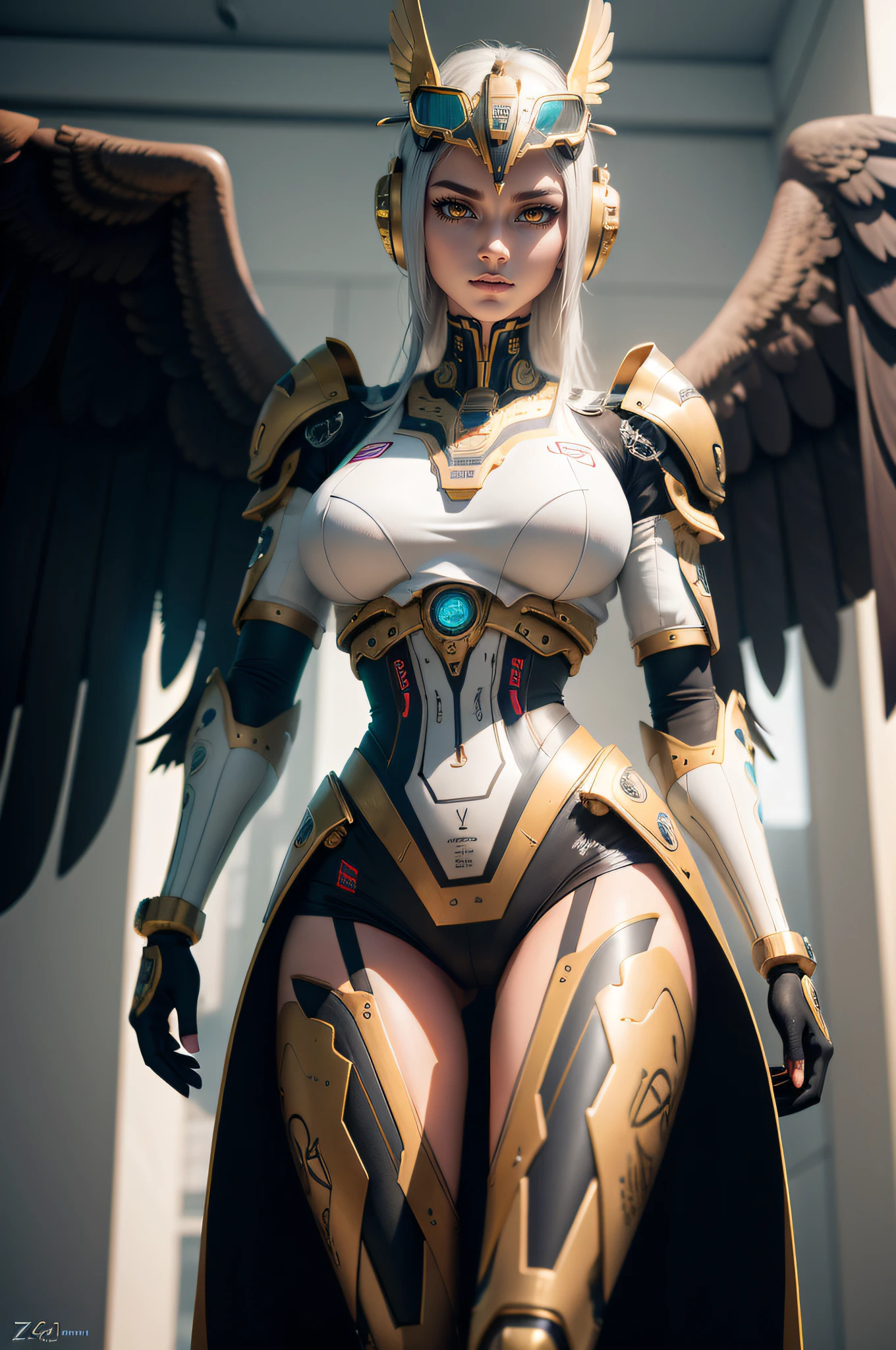 a close up of a woman in a costume with wings, mercy from overwatch game (2016), mercy ( overwatch ), beautiful cyborg angel girl, angel knight girl, mercy from overwatch, by Yang J, as overwatch character, angelic golden armor, mechanized valkyrie girl, futuristic robot angel, from overwatch, echo from overwatch, extremely detailed artgerm