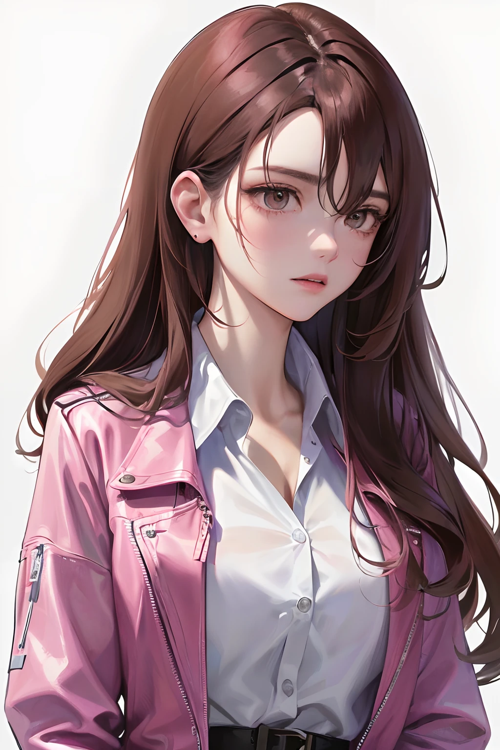 (Highest resolution, distinct_image) Best quality, A masterpiece of women, Highly detailed, Half realistic,(Most of the body),Pink Long Hair, bangs, 18 years old, Young,Black accessories,Pink-purple flight suit,stand-up collared shirt,sharpy face,(Brown eyes, hair between eye), Fluorescent long coating (Broken glass),(Plain white background),Cold, Serious,authoritative,Powerful,(Standing painting),(Exquisite facial features, Exquisite facial features)