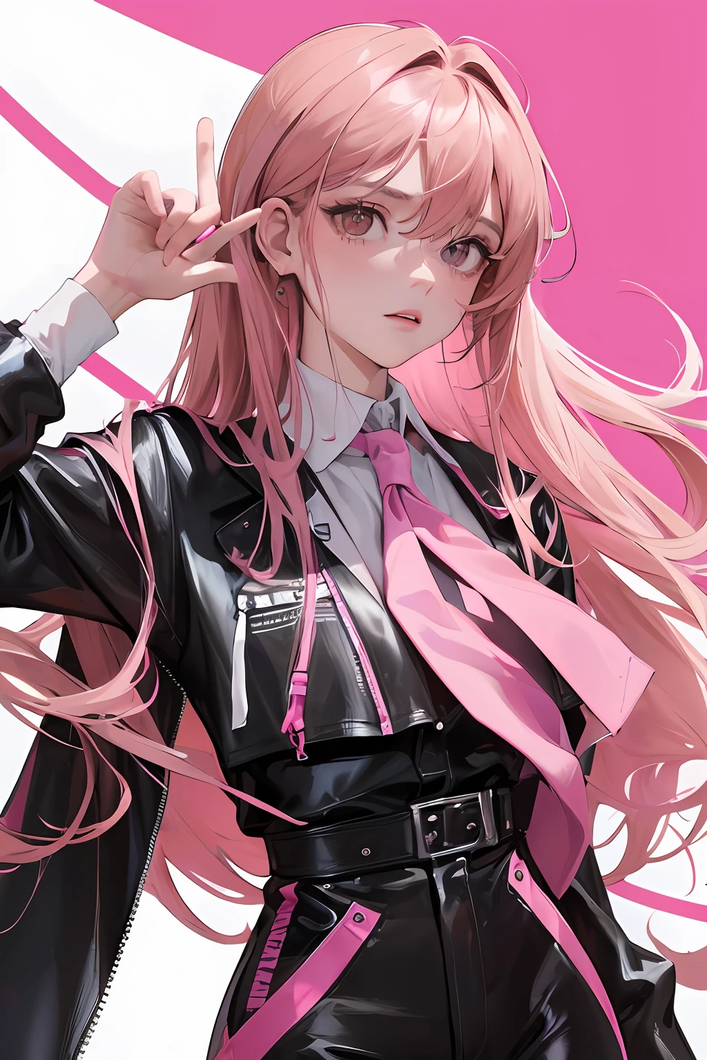 (highest resolution, distinct_image) best quality, feminine masterpiece, high detail, semi-realistic, (most body), long pink hair, bangs, 18 years old, young, black fit, pink-purple flight suit, stand up collar shirt, pointed face, (tan eyes, hair between the eyebrows), fluorescent long coat (broken glass), (pure white background), cold, serious, authoritative, powerful, (standing painting), (delicate facial features, exquisite facial features)