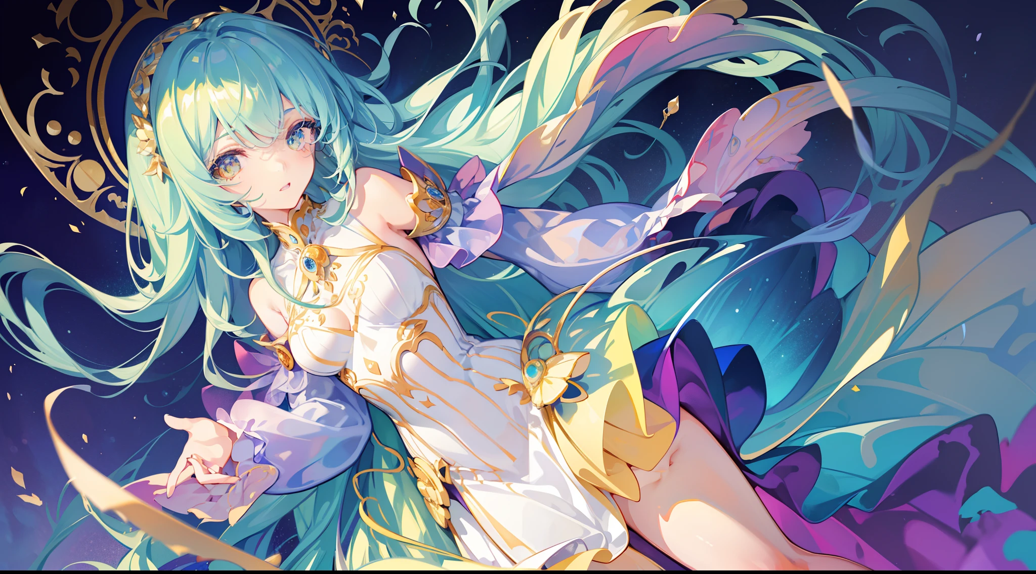 masterpiece, best quality, 8k resolution, sharp focus, intricate detail, beautiful girl, sparkling eyes, golden ratio face, otherworldly liquid, watercolor, cool colors, bright colors, whimsical, colorful, sharp focus, high resolution, fine detail, ((layered tiered puffy long sleeves ballgown)), ((round eyes)), iridescent bubbles, fantasia background