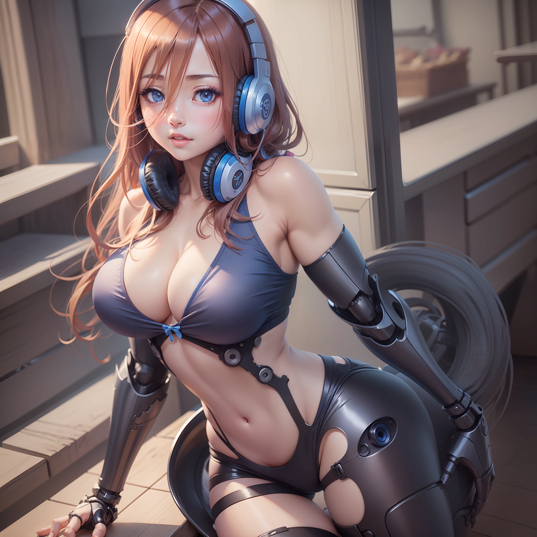 anime girl with headphones and micro blue bra top posing for a picture, biomechanical oppai, seductive anime girl, oppai, pixiv 3dcg, miki nakano fanart, attractive anime girl, ecchi, (sfw) safe for work, (anime girl), smooth anime cg art, ecchi anime style, muscular!, thicc,full body