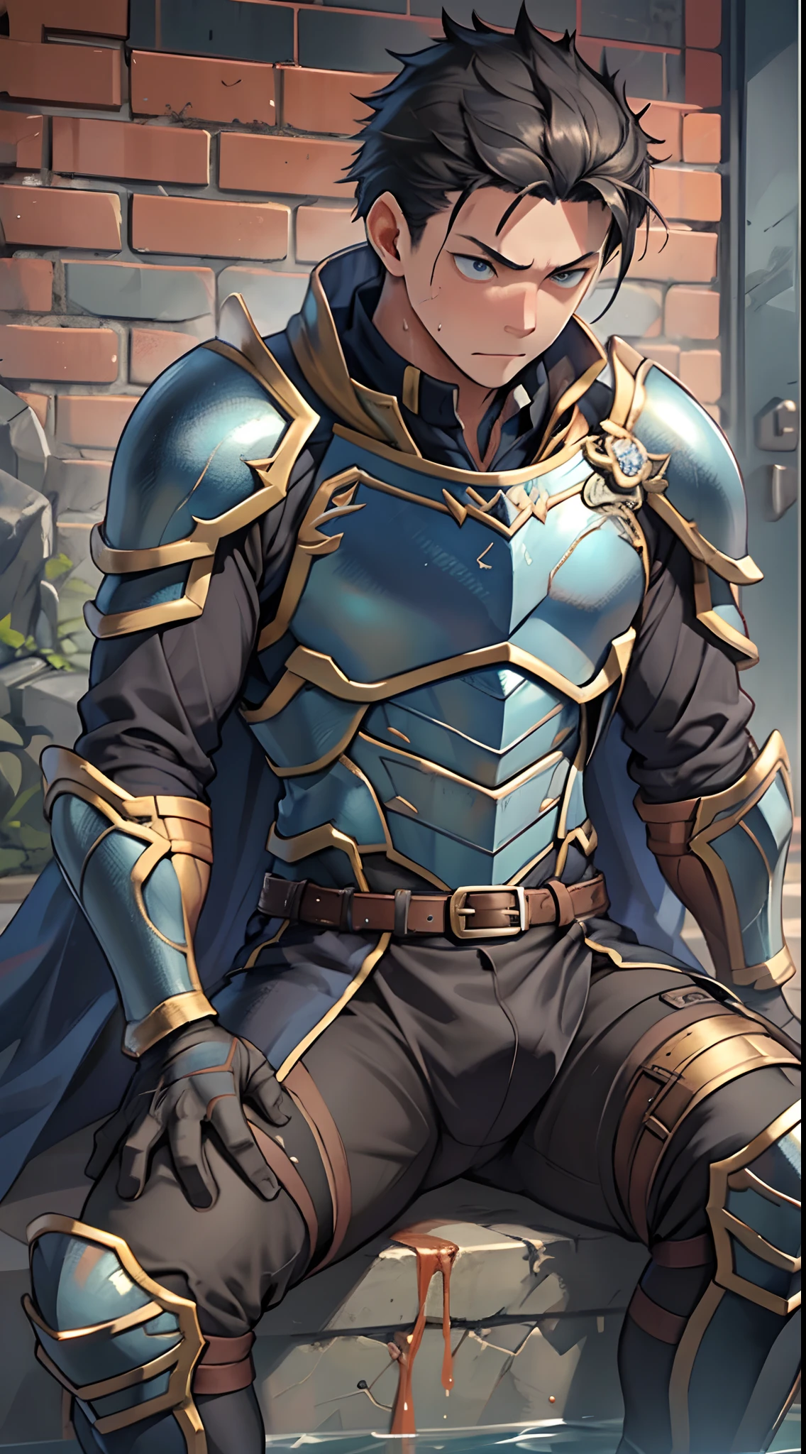 （1 Adult male），A high resolution， Sharp focus， Pixiv masterpiece， （（Complicated details））， highly  detailed， natsuki_subaru， 1 man，Wearing tight combat suits and armor，perfect male figure，Urine on the trouser leg， Nervously bow your head，is shy，embarressed，exhilarated，is shocked，panicking，worry，A pool of urine formed around him，Very eager to pee，Unbearable，Wet yourself，Urine discharge，full bodyesbian，sit astride，Tired，decadent， blue color eyes（eyes glowing）， Black hair short hair，Black armor，Tie a belt，Cloaked，Cloak，Shoulder armor，perspire，Drenched，Get wet，pissing，urine flows down the pants，look from down