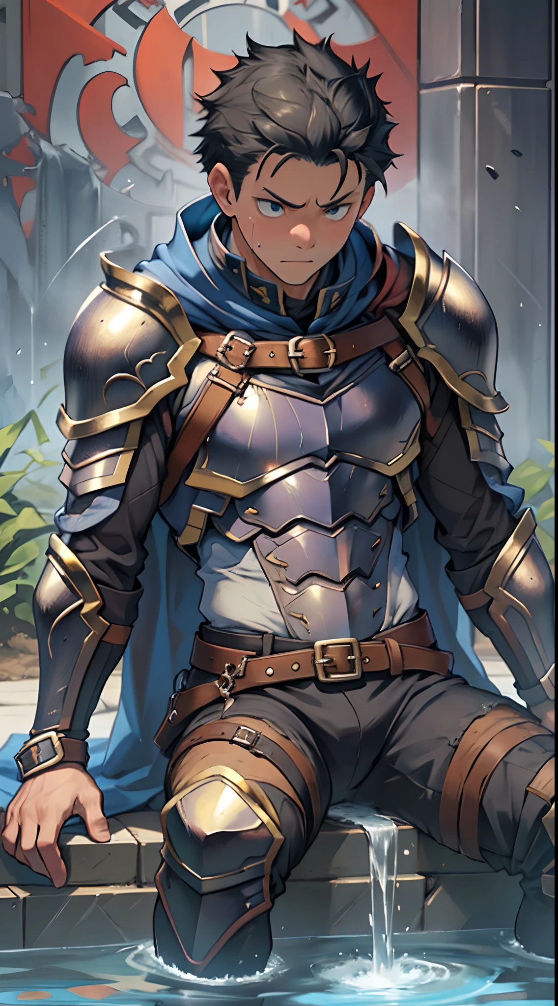 (1 Adult male),A high resolution, Sharp focus, Pixiv masterpiece, ((Complicated details)), highly detailed, natsuki_subaru, 1 man,Wear tight combat uniforms,Wear armor,perfect male figure,Urine on the trouser leg, Nervously bow your head,is shy,embarressed,exhilarated,is shocked,panicking,worry,A pool of urine formed around him,Very eager to pee,Unbearable,Wet yourself,Urine discharge,full bodyesbian,sit astride,Tired,decadent, Yellow eyes(eyes glowing), Short gray hair,Armour,Tie a belt,Cloaked,Cloak,Shoulder armor,perspire,Drenched,Get wet,,urine flows down the pants,look from down