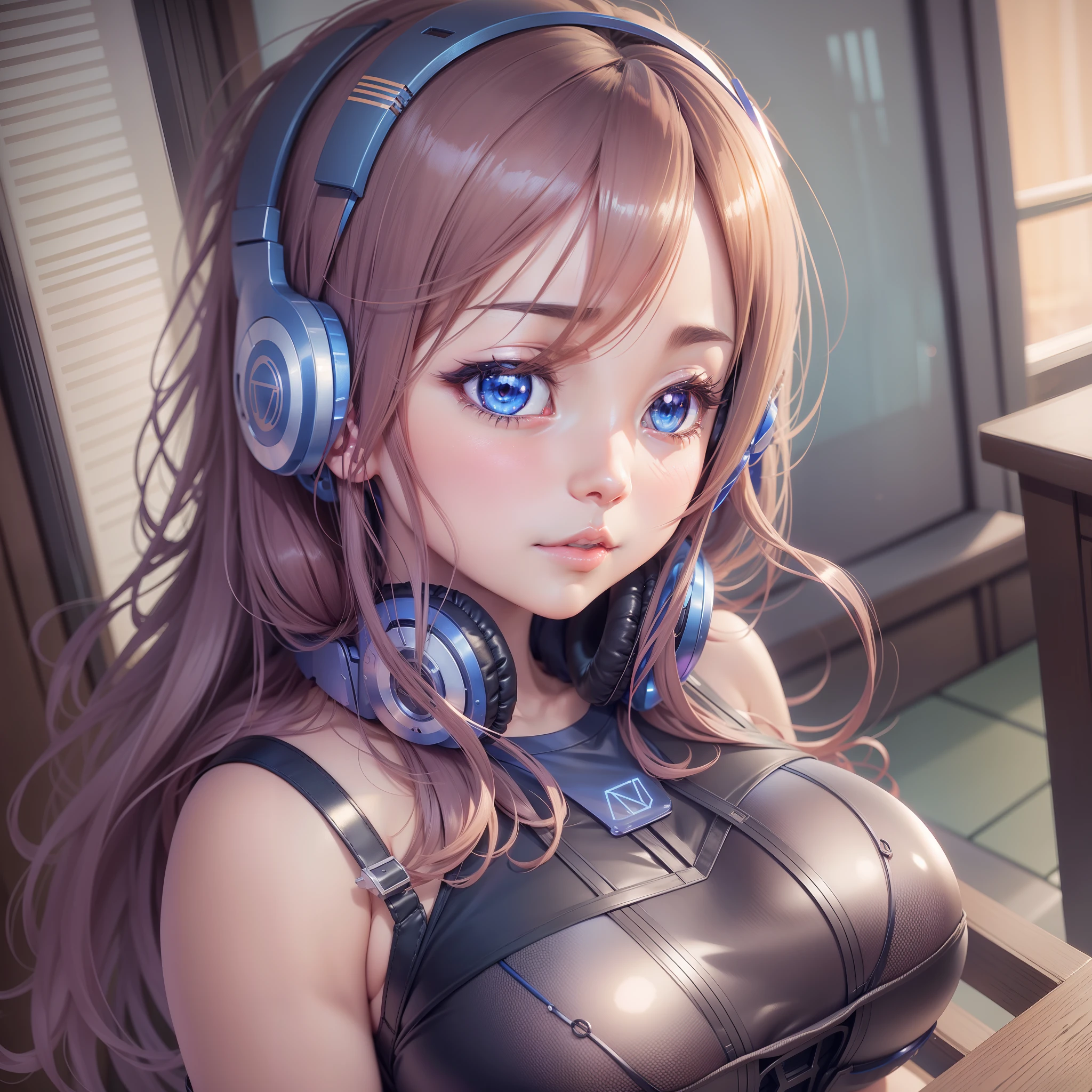 anime girl with headphones and micro blue bra top posing for a picture, biomechanical oppai, seductive anime girl, oppai, pixiv 3dcg, miki nakano fanart, attractive anime girl, ecchi, (sfw) safe for work, (anime girl), smooth anime cg art, ecchi anime style, muscular!, thicc,full body