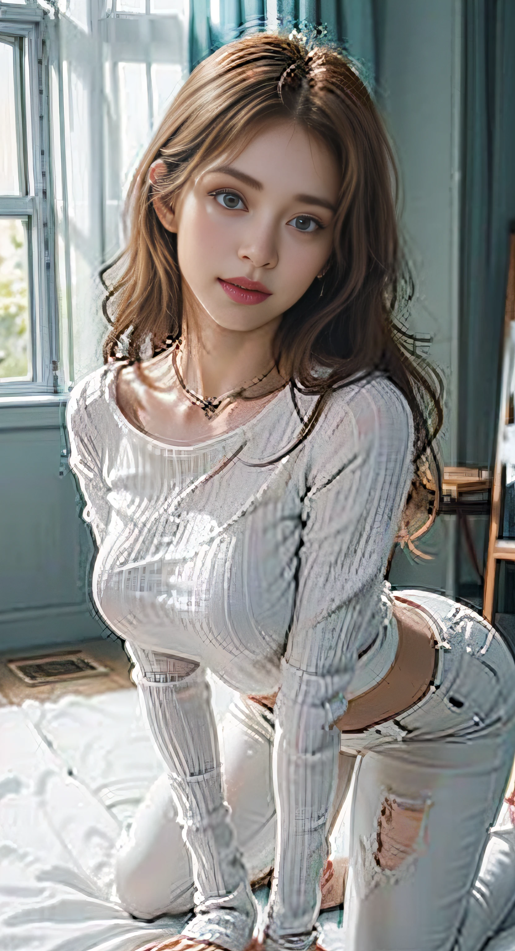 NSFW、、Alafed asian woman sitting on train、cute school girl、a hyperrealistic schoolgirl、full body Esbian、Nice skin、glistning skin、 lovely thighs、glowing thighs、shining legs、Soft light