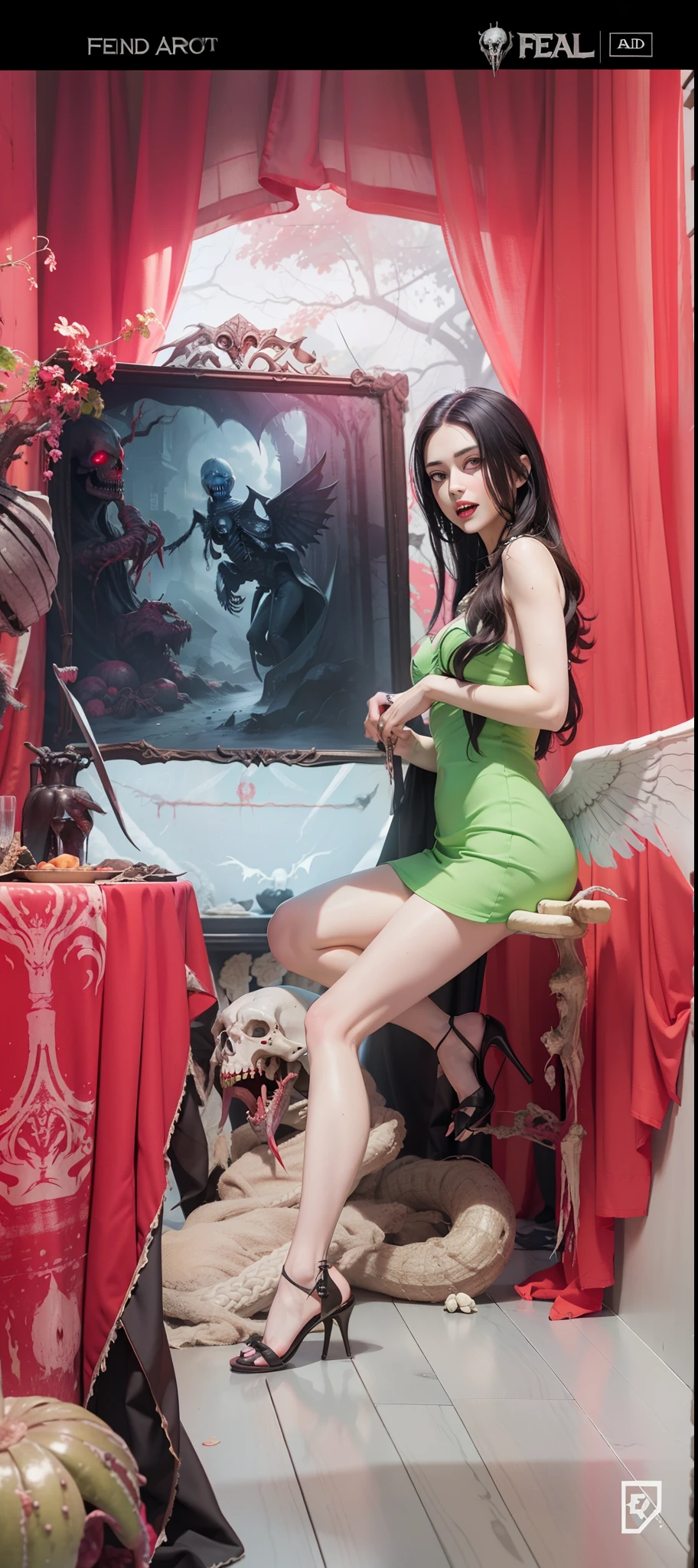 Fine matte paint，Skeleton Dark Angel, Haunted castle with large wings, Fill the drawing table with a knife，terroral，uncanny，horrid，secret terror，tentaculata，grape trees，The eye，uncanny valley effect teeth，all  fours，Critters，Blood Moon，Sharp fangs，vampire tooth，Blood