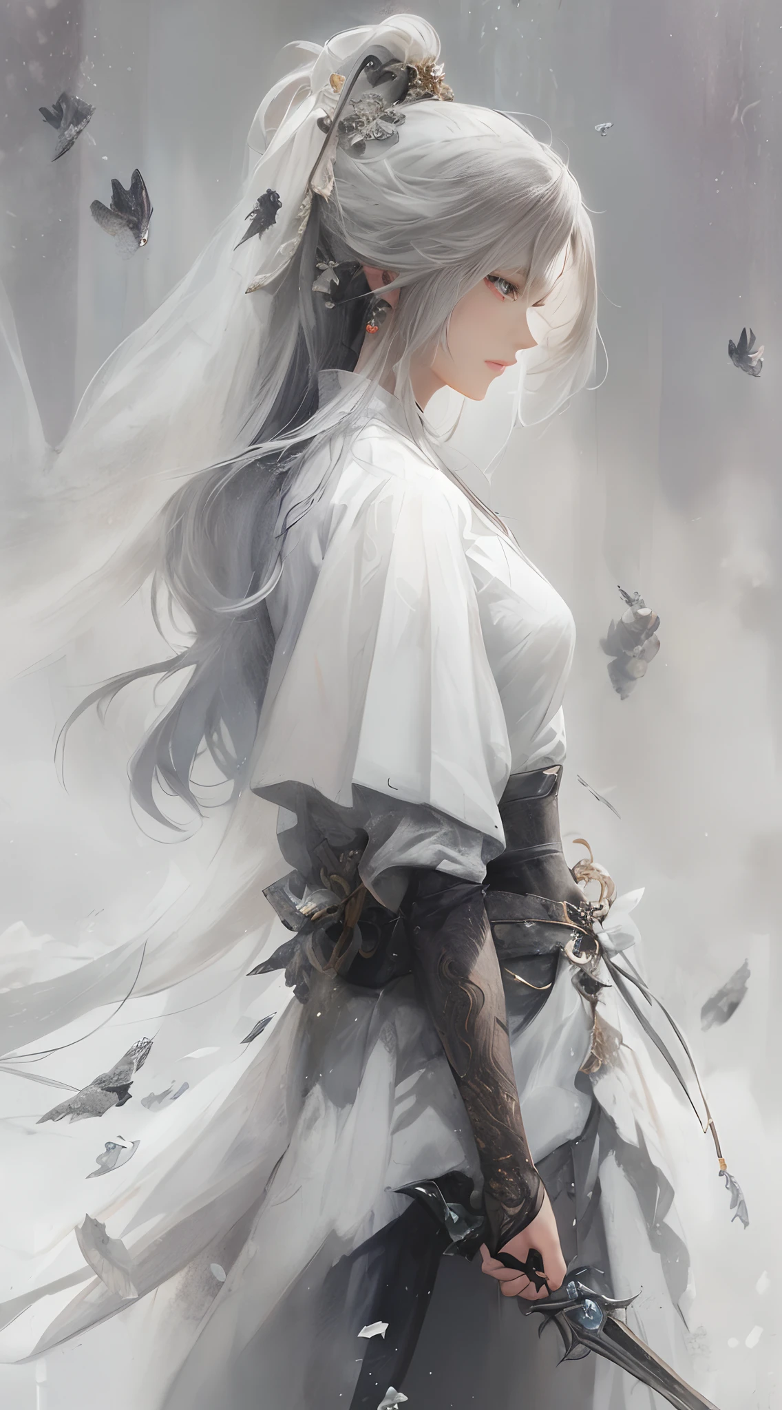 Close-up of a woman in a white dress，a character portrait by Yang J，The popularity of CGsociety，Fantasyart，Beautiful character painting，Guviz-style artwork，Guvitz，White Hanfu，flowing white robe，full-body wuxia，epic exquisite  character art，Stunning character art，beautiful female assassin，orthofacial，Hold both hands