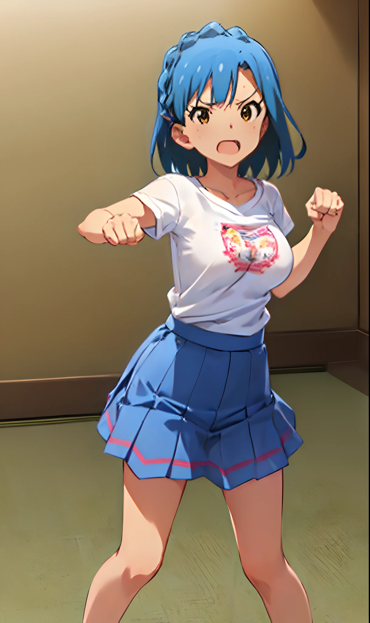 yuriko nanao (million live). Short stature. (((white t-shirts))).(((Skirt))).(((masterpiece))).(((best quality))).((Ultra-detailed))).(((illustratio))). (((fighting stance))).(((a room))).(((Clench your fists))).(((up chest))).Despair face.(((short-hair))).((big breasts)).((Opening Mouth)).
